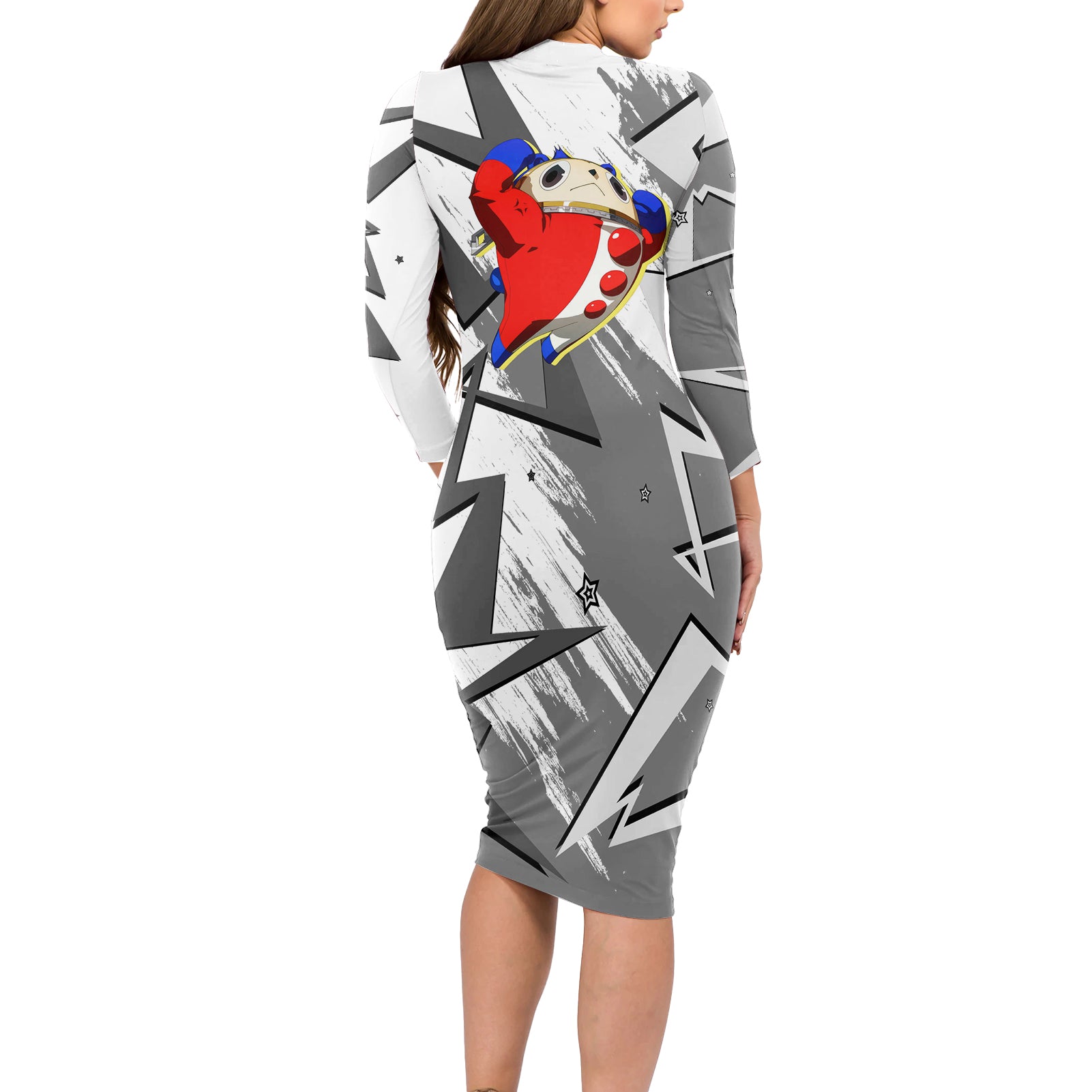 Teddie Persona Long Sleeve Bodycon Dress Anime Mix Polygon Cyber Style