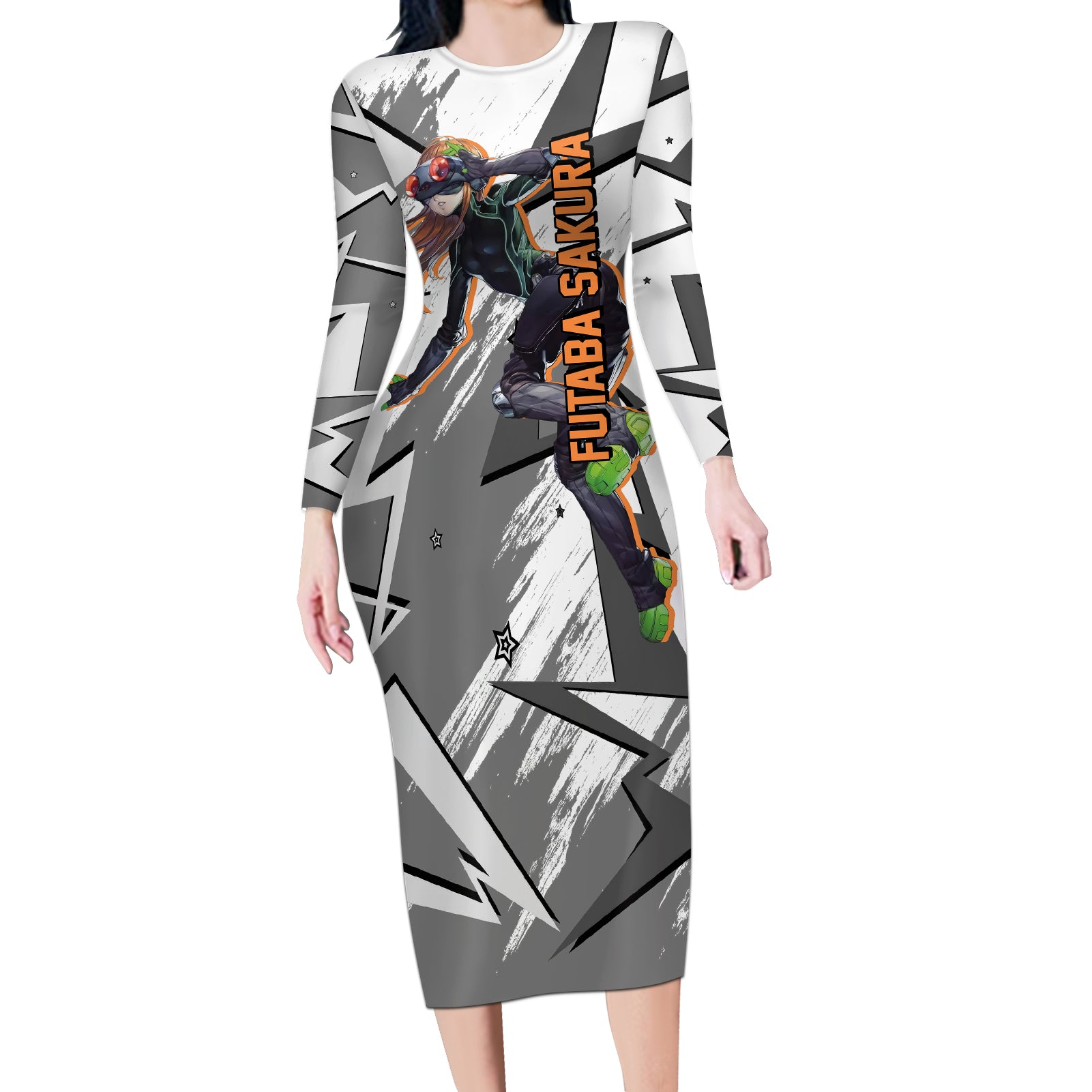 Futaba Sakura Persona Long Sleeve Bodycon Dress Anime Mix Polygon Cyber Style