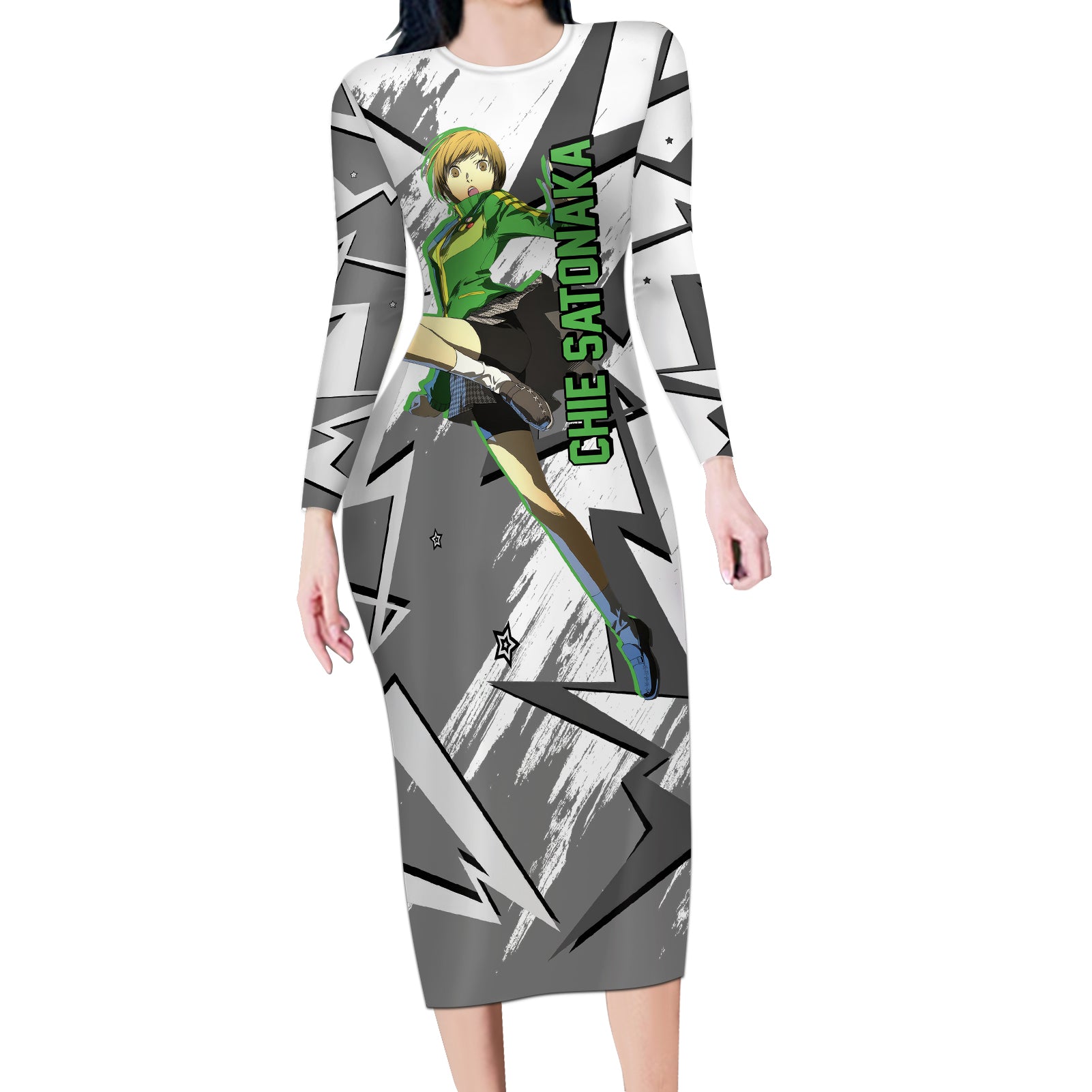 Chie Satonaka Persona Long Sleeve Bodycon Dress Anime Mix Polygon Cyber Style