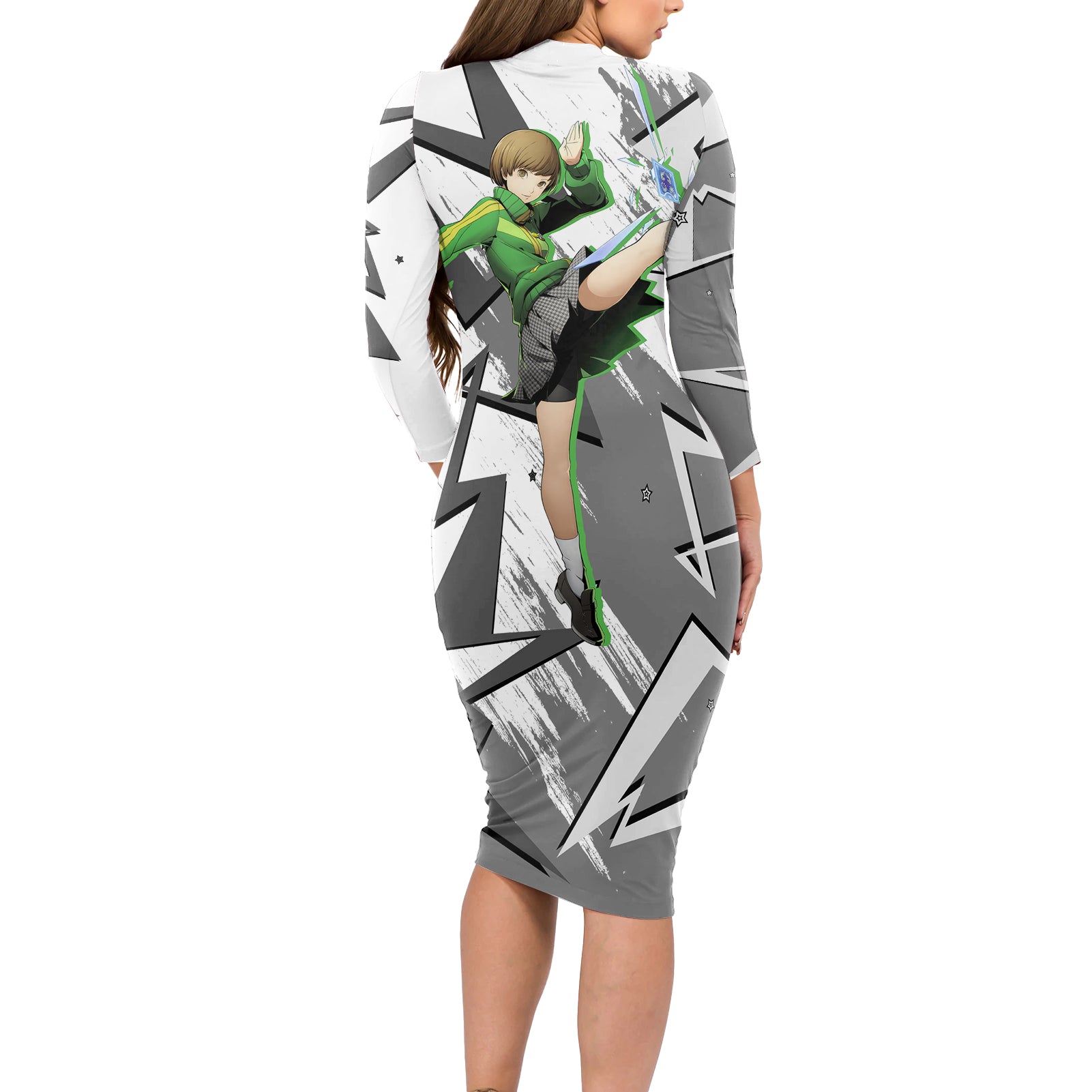 Chie Satonaka Persona Long Sleeve Bodycon Dress Anime Mix Polygon Cyber Style
