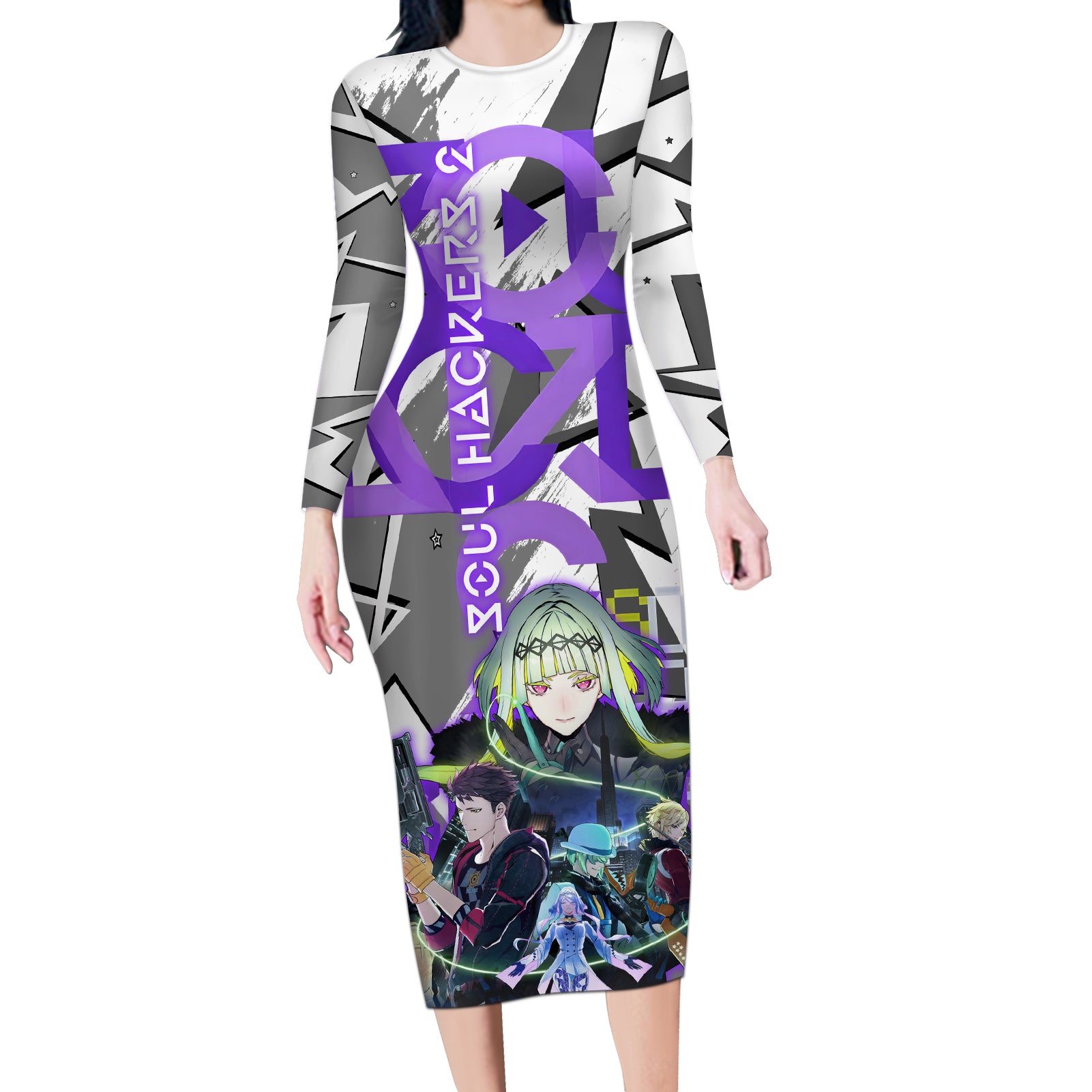 Soul Hackers 2 Persona Long Sleeve Bodycon Dress Anime Mix Polygon Cyber Style