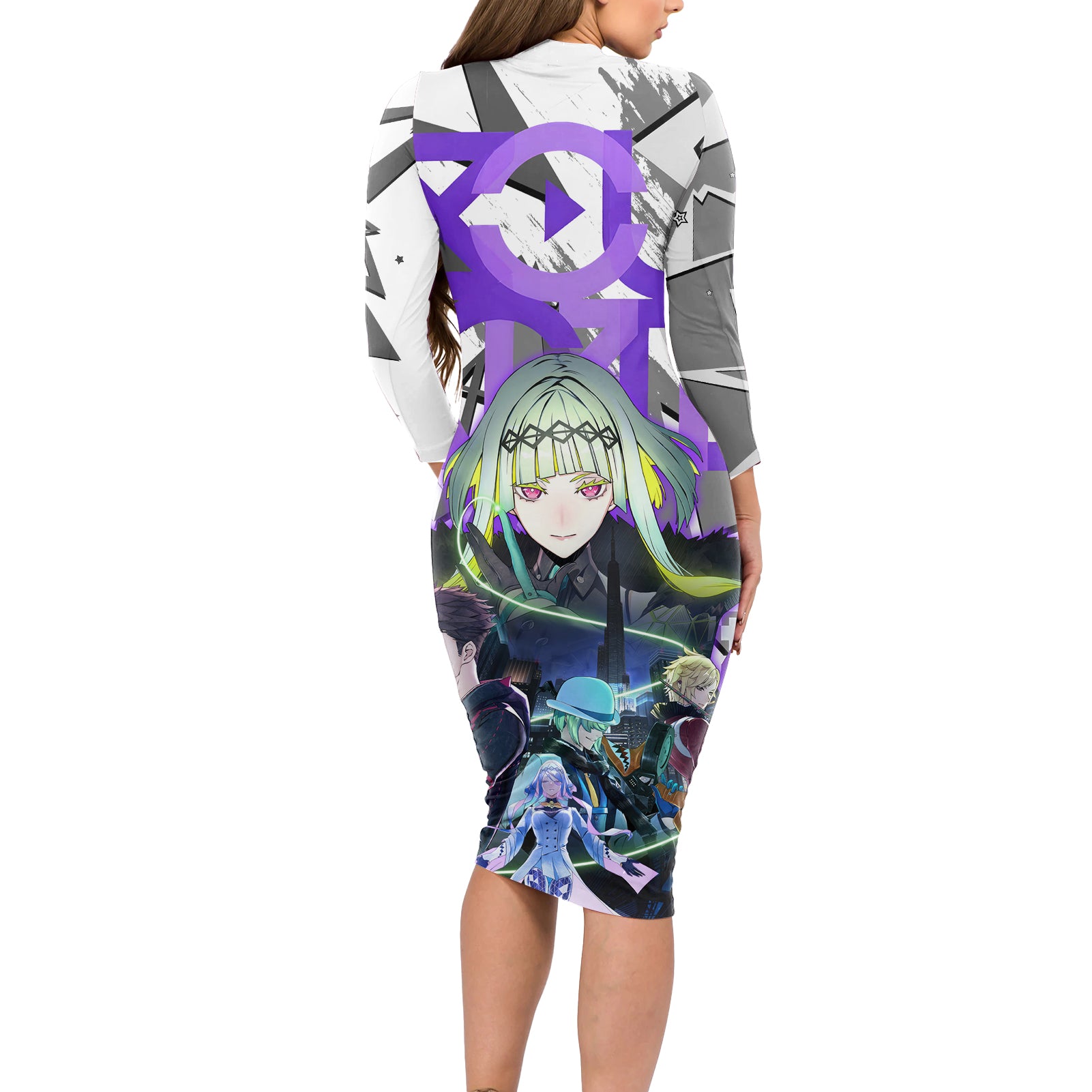 Soul Hackers 2 Persona Long Sleeve Bodycon Dress Anime Mix Polygon Cyber Style