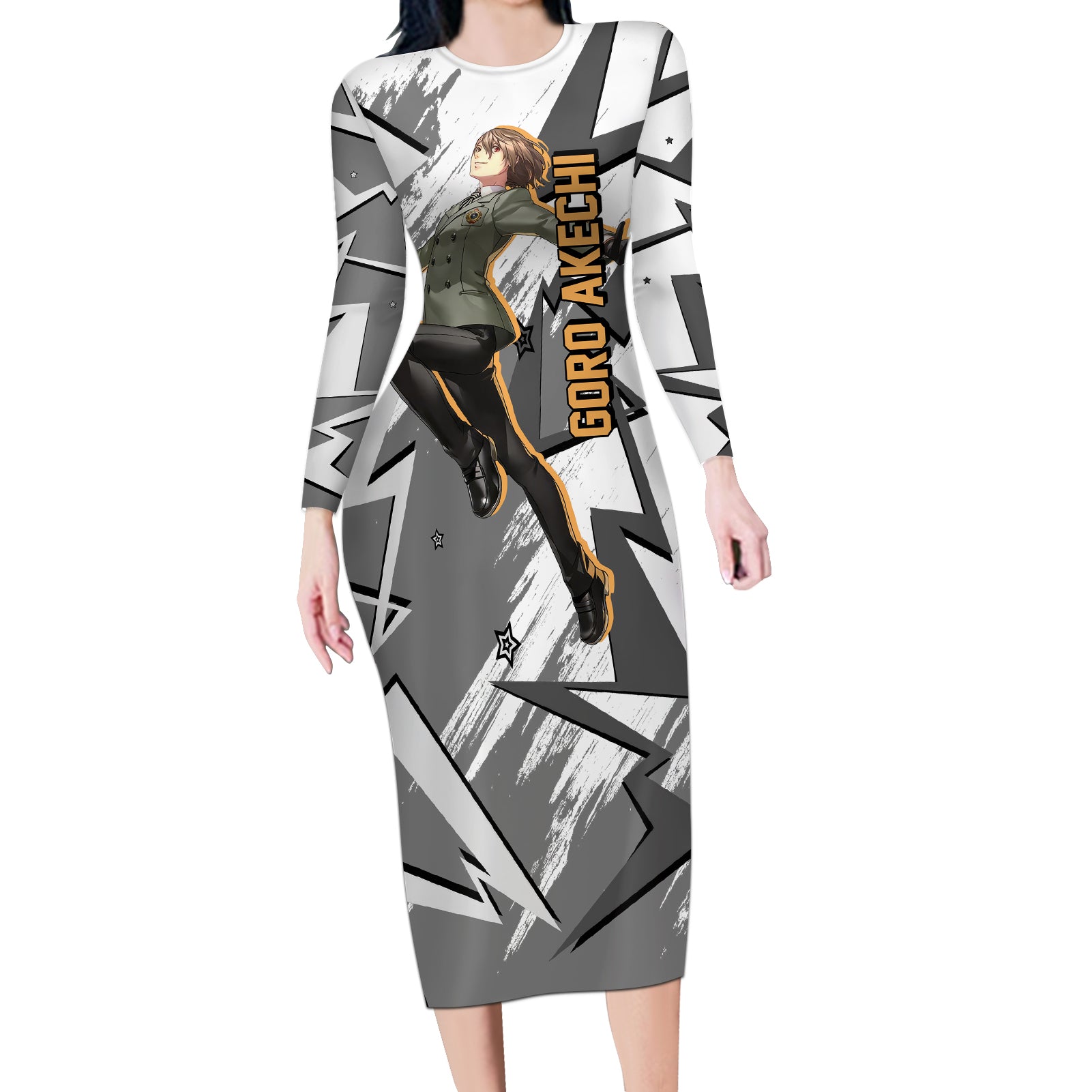 Goro Akechi Persona Long Sleeve Bodycon Dress Anime Mix Polygon Cyber Style