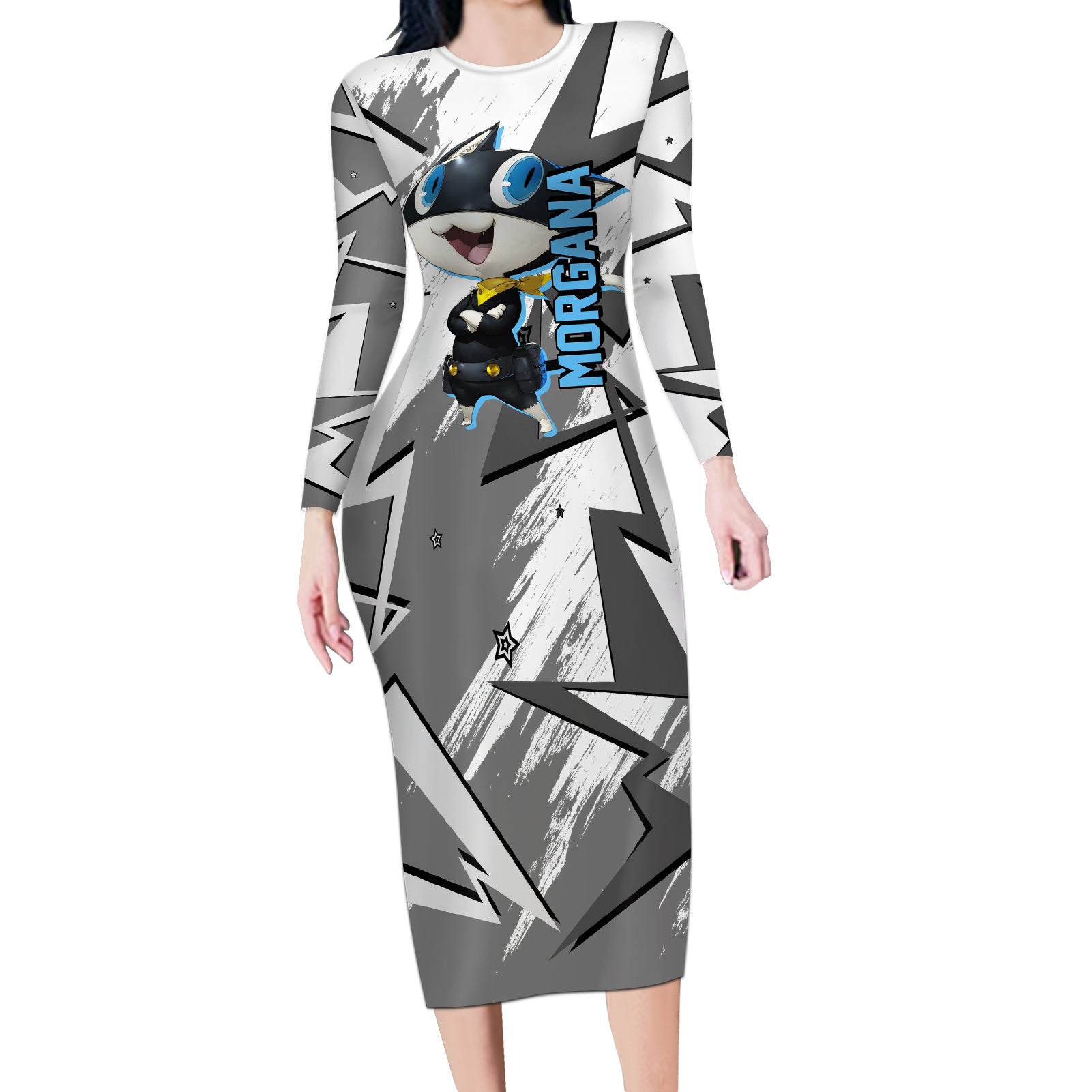 Morgana Persona Long Sleeve Bodycon Dress Anime Mix Polygon Cyber Style