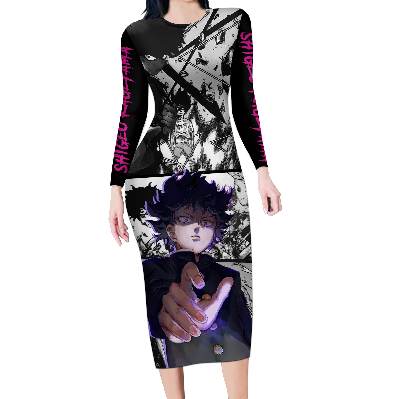 Arataka Reigen Mob Psycho 100 Long Sleeve Bodycon Dress Anime Style Art