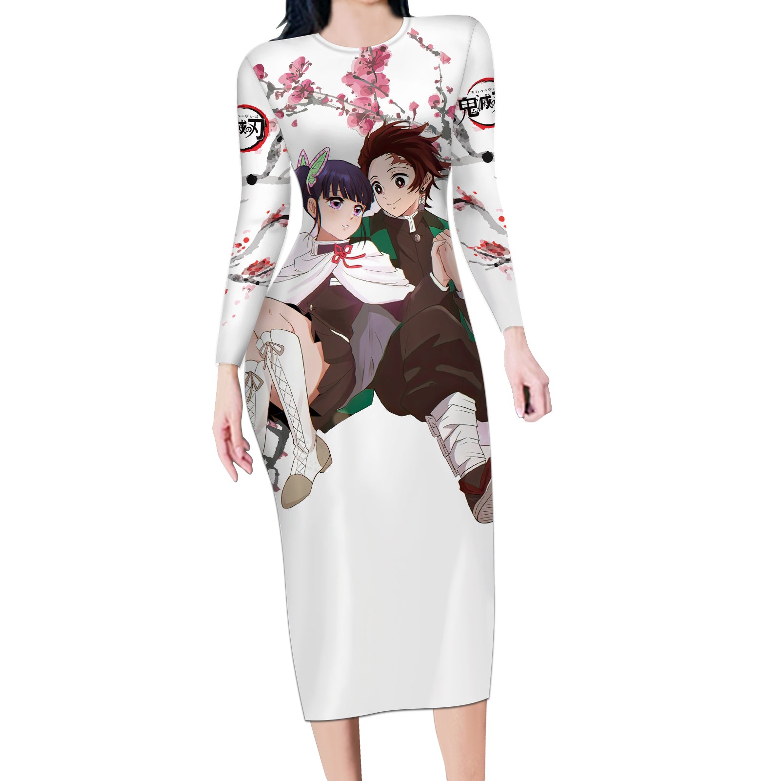 Tanjiro and Kanao Long Sleeve Bodycon Dress Demon Slayer Anime Style