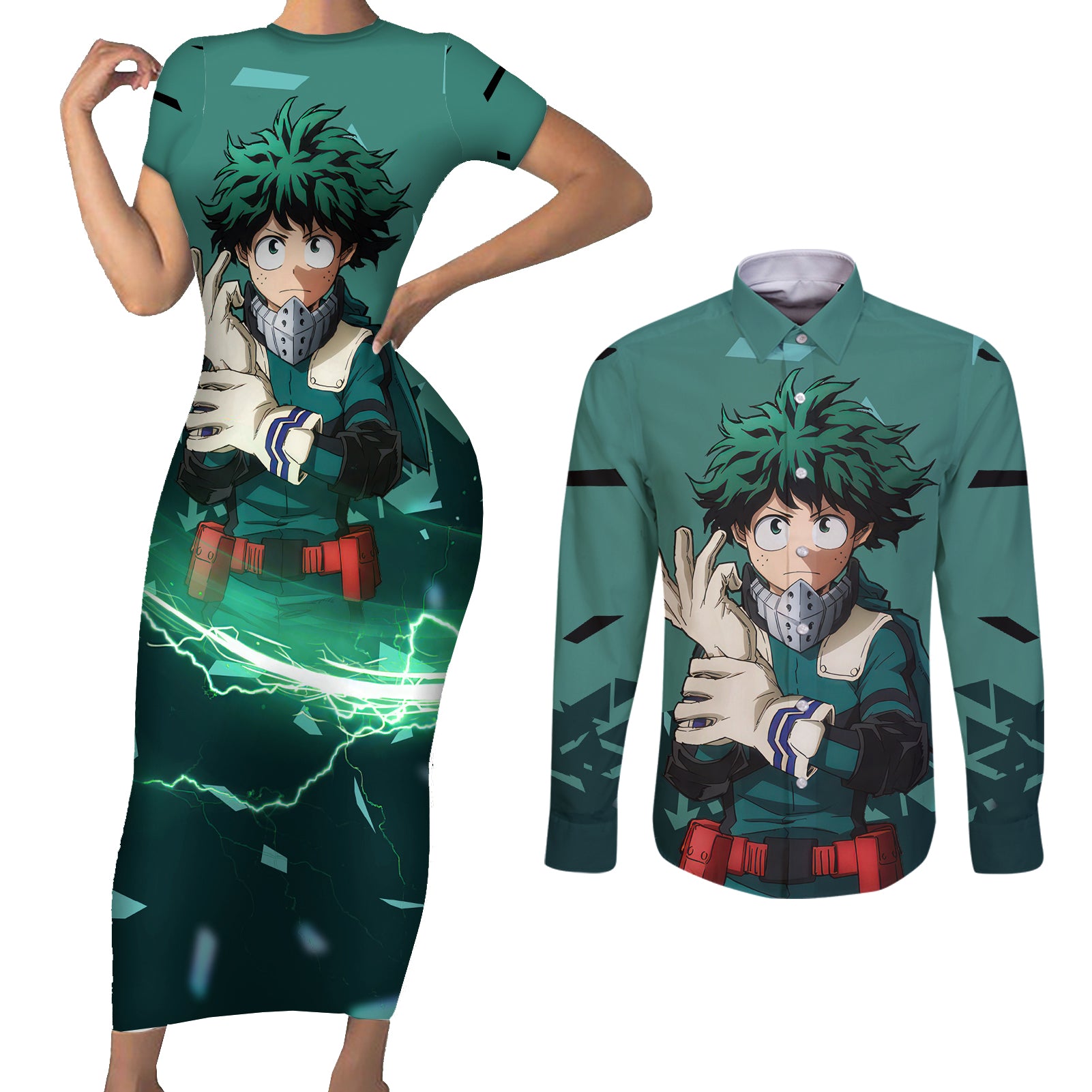 Izuku Midoriya - My Hero Academia Couples Matching Short Sleeve Bodycon Dress and Long Sleeve Button Shirt Anime Style
