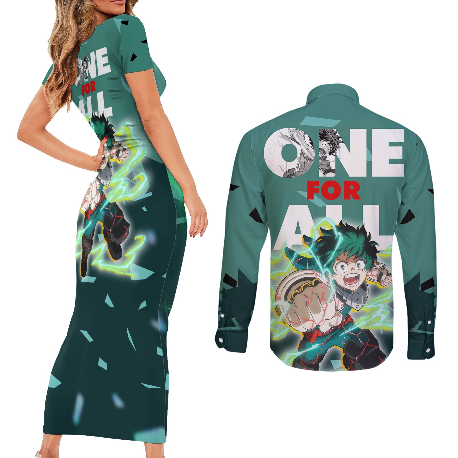 Izuku Midoriya - My Hero Academia Couples Matching Short Sleeve Bodycon Dress and Long Sleeve Button Shirt Anime Style