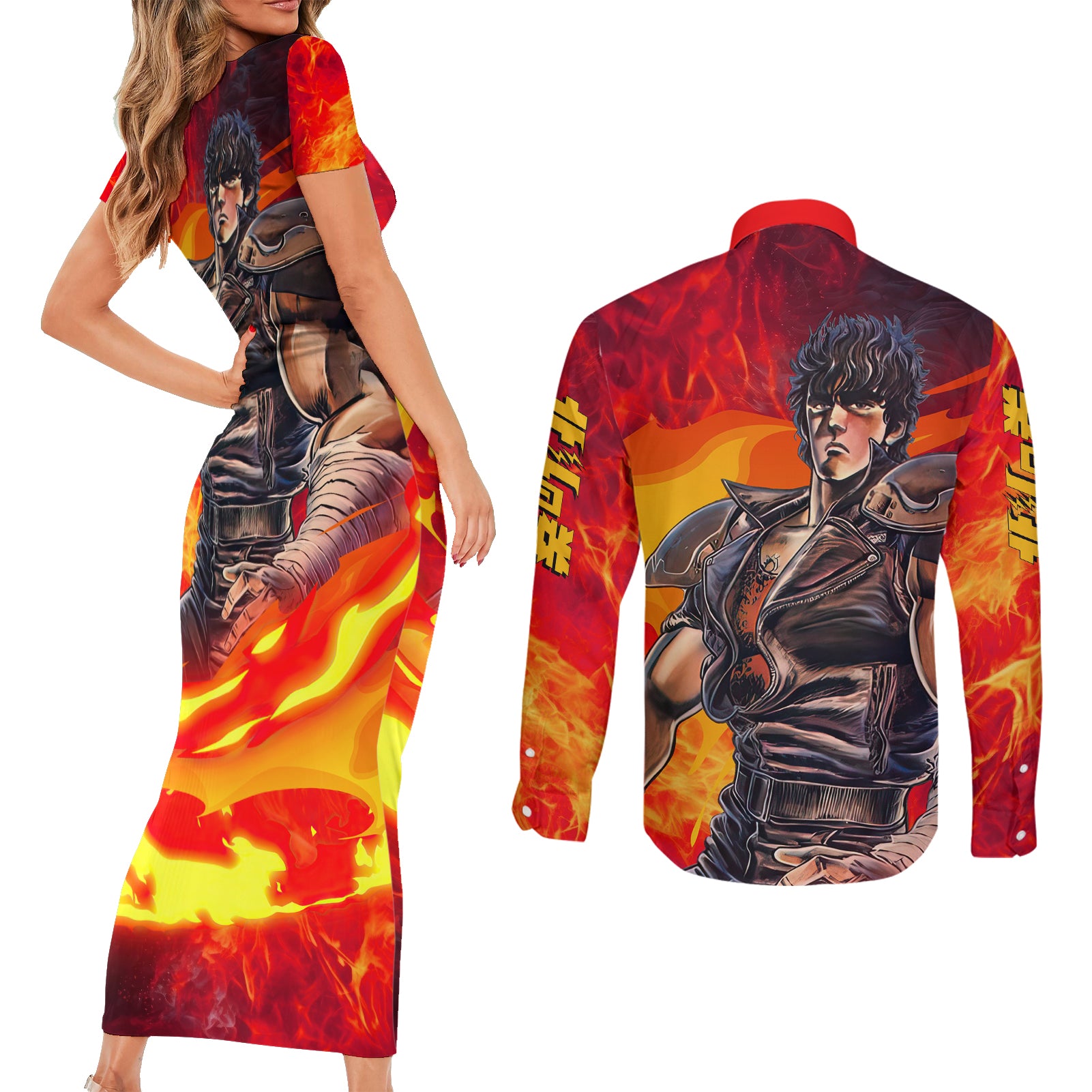 Fist of the North Couples Matching Short Sleeve Bodycon Dress and Long Sleeve Button Shirt Anime Style