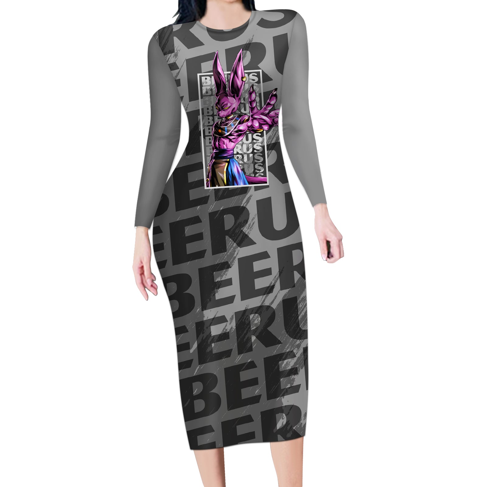 Beerus Dragon Ball Long Sleeve Bodycon Dress Anime Mix Text Pattern Abstract Style