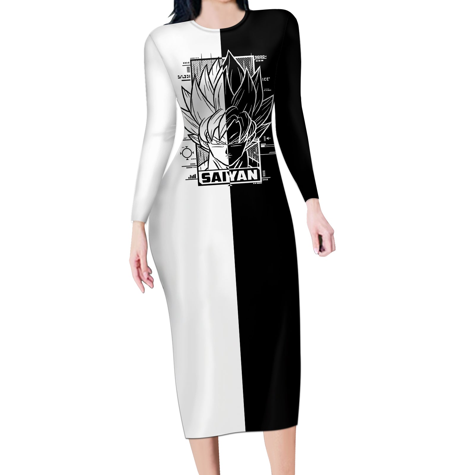 Goku Dragon Ball Black And White Abstract Long Sleeve Bodycon Dress Anime Style