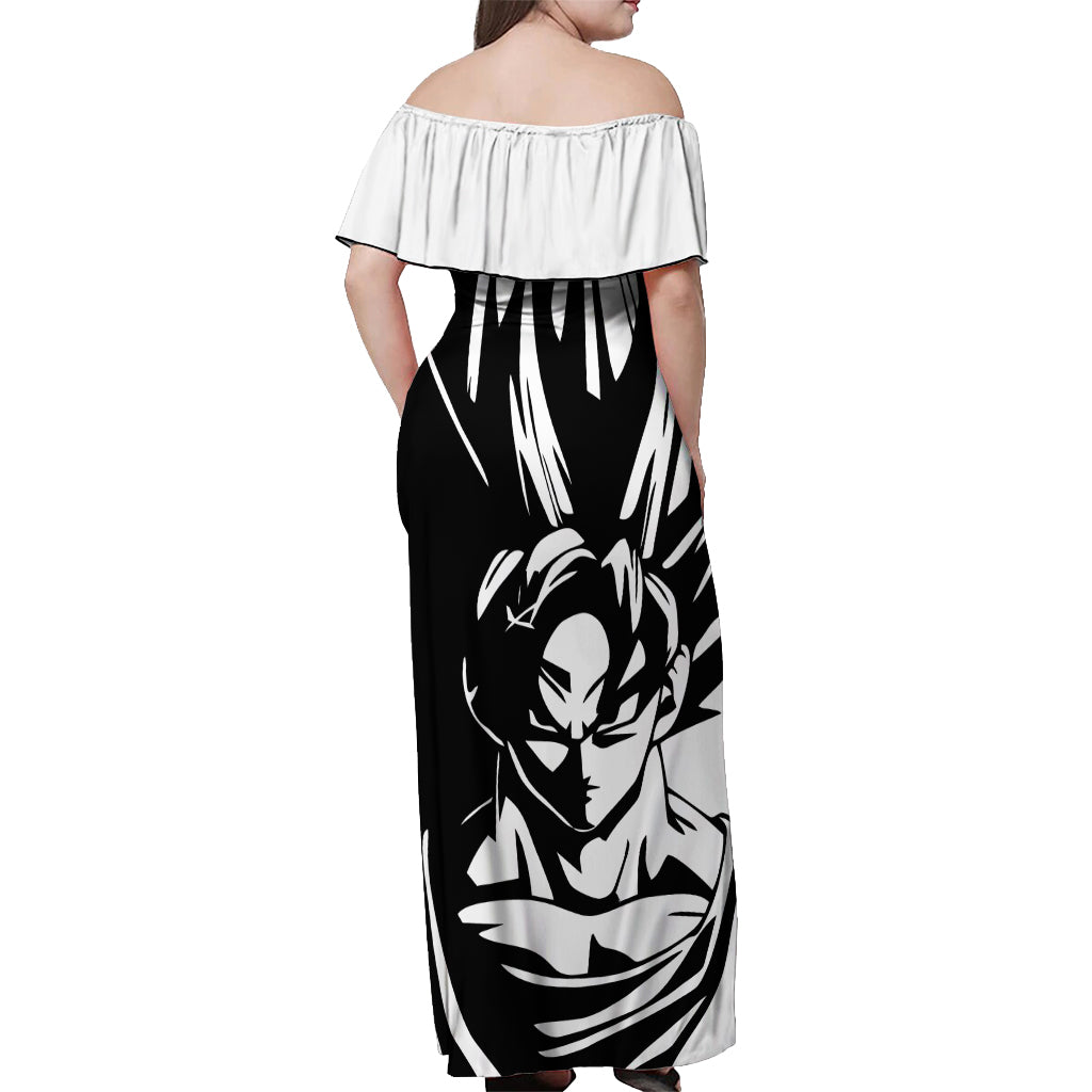 Goku Dragon Ball Black And White Abstract Off Shoulder Maxi Dress Anime Style