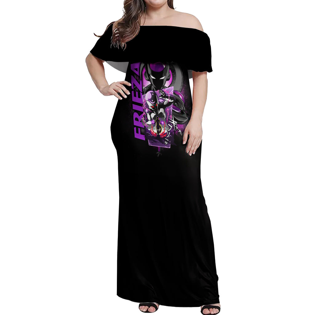Frieza Dragon Ball Off Shoulder Maxi Dress Anime Mix Text Pattern Abstract Style
