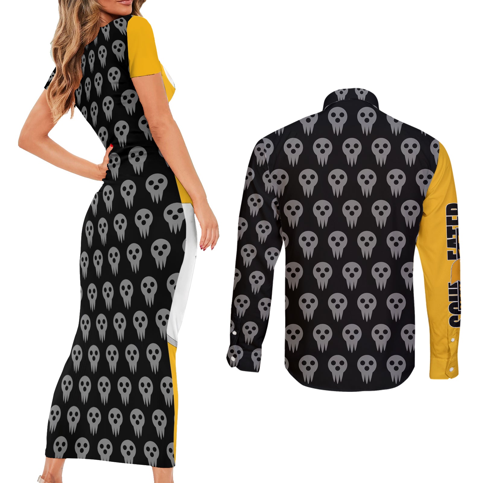 Shinigami Soul Eater Couples Matching Short Sleeve Bodycon Dress and Long Sleeve Button Shirt Anime Art Mix With Skull Pattern Style