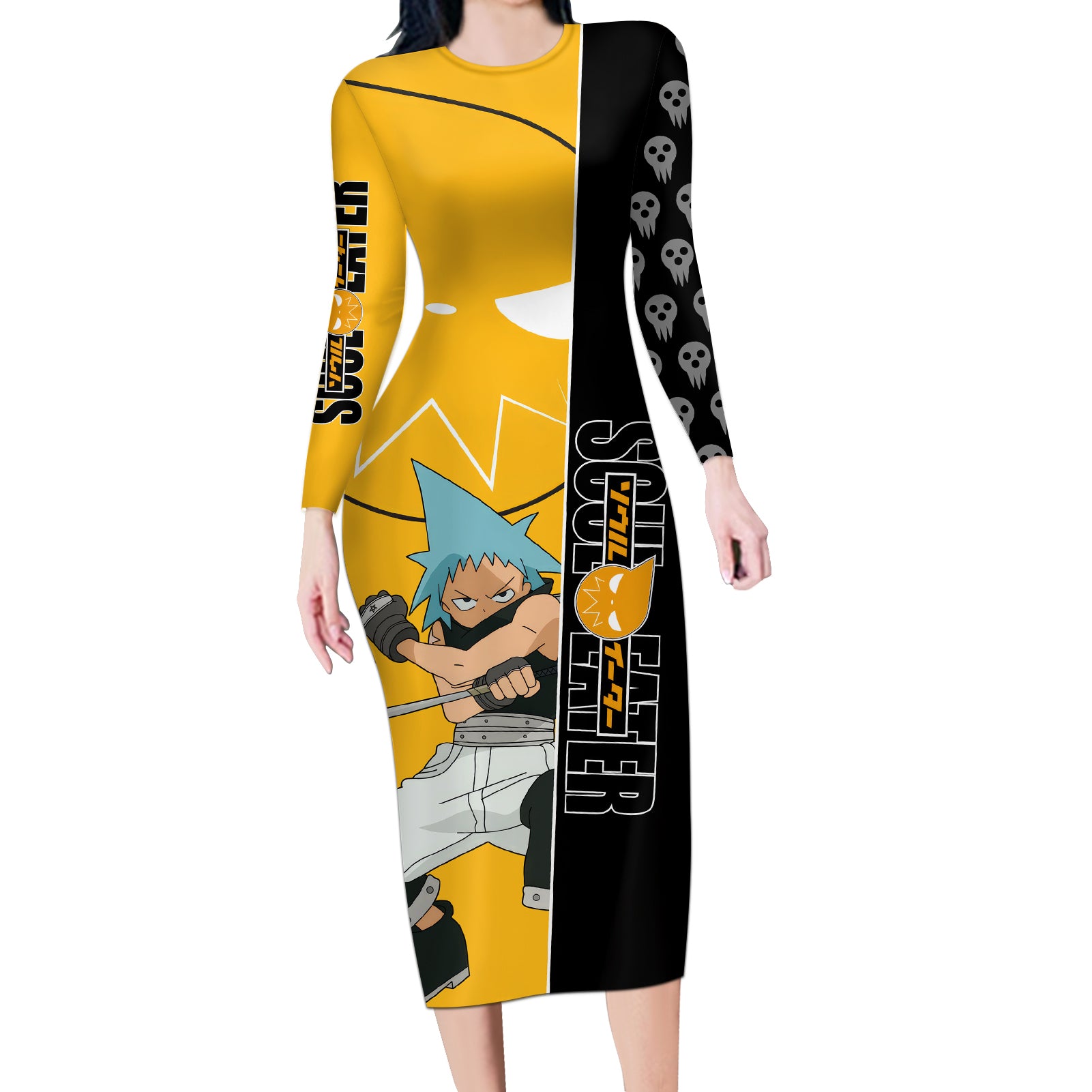 Black Star Soul Eater Long Sleeve Bodycon Dress Anime Art Mix With Skull Pattern Style