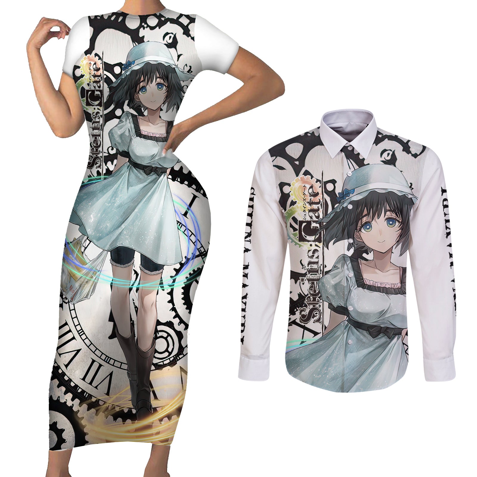 Shiina Mayuri - Steins Gate Couples Matching Short Sleeve Bodycon Dress and Long Sleeve Button Shirt Anime Style