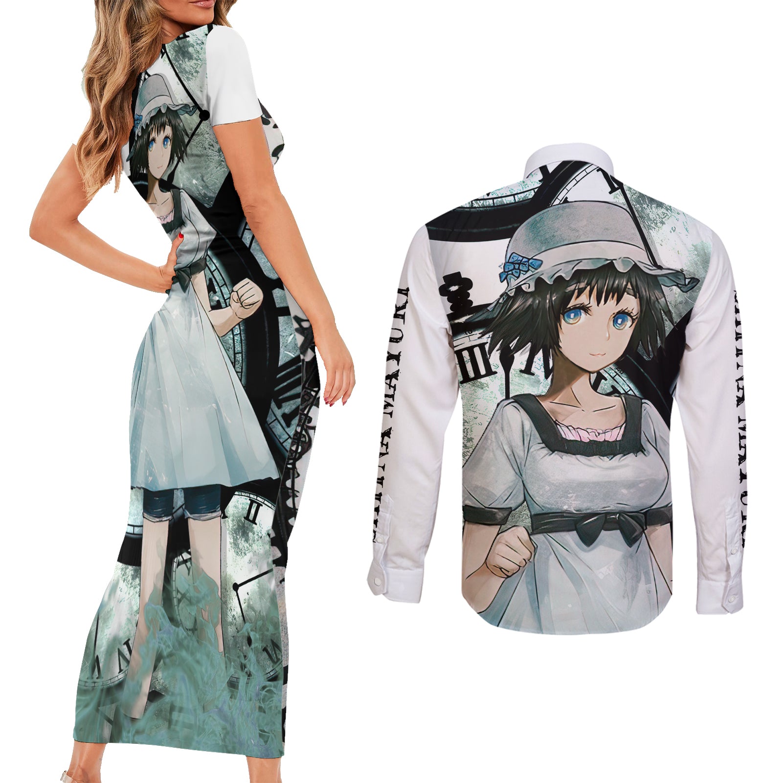 Shiina Mayuri - Steins Gate Couples Matching Short Sleeve Bodycon Dress and Long Sleeve Button Shirt Anime Style