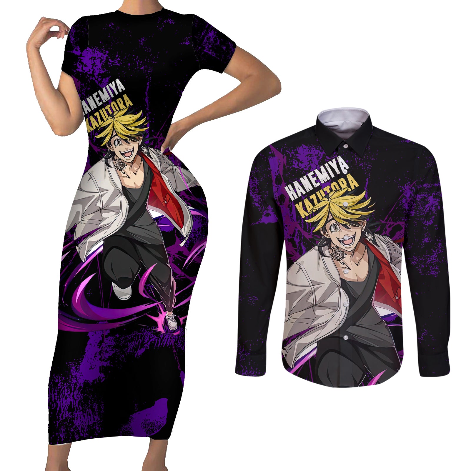 Hanemiya Kazutora Couples Matching Short Sleeve Bodycon Dress and Long Sleeve Button Shirt Anime Style