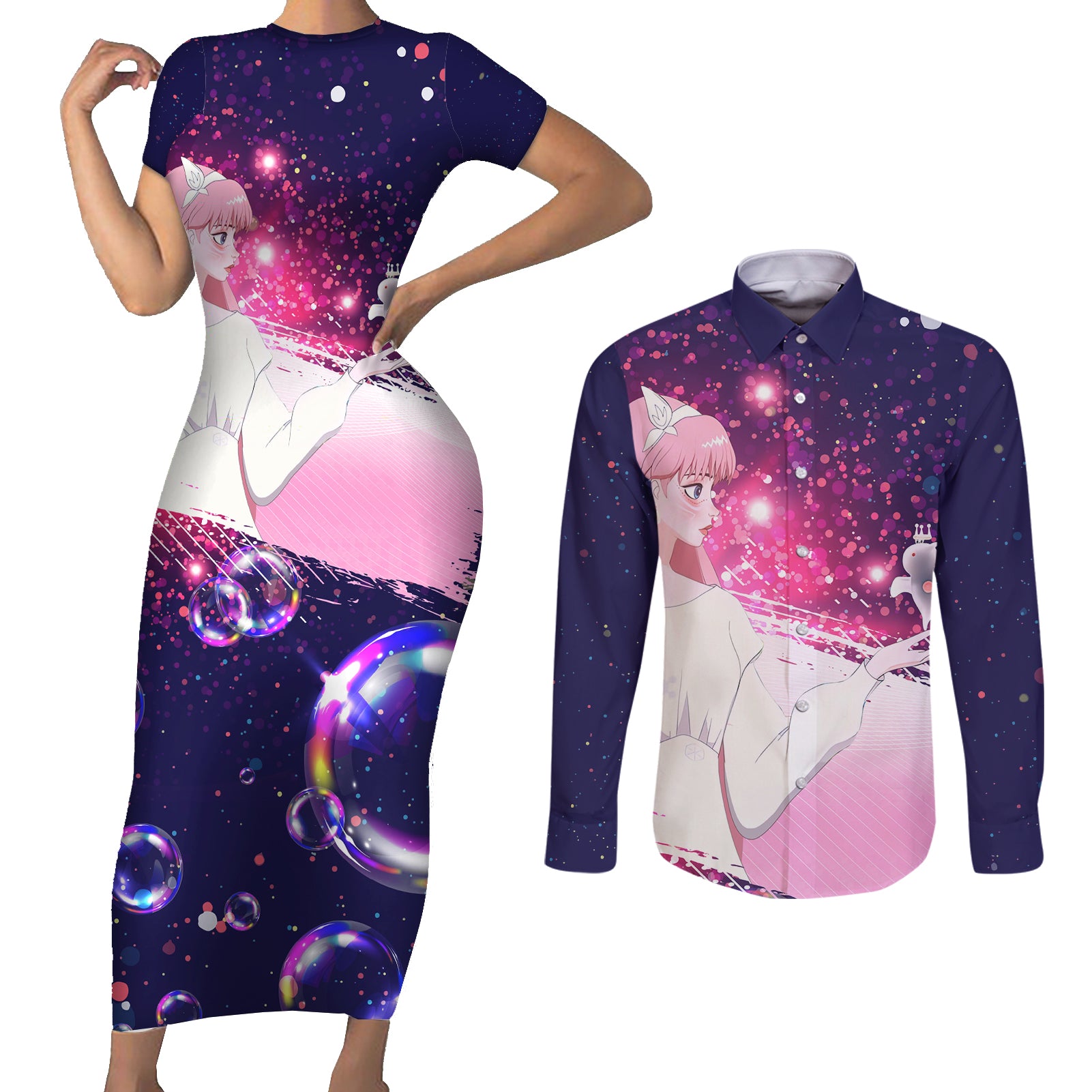 Ryuu to Sobakasu no Hime Naitou Suzu Belle Couples Matching Short Sleeve Bodycon Dress and Long Sleeve Button Shirt Anime Style
