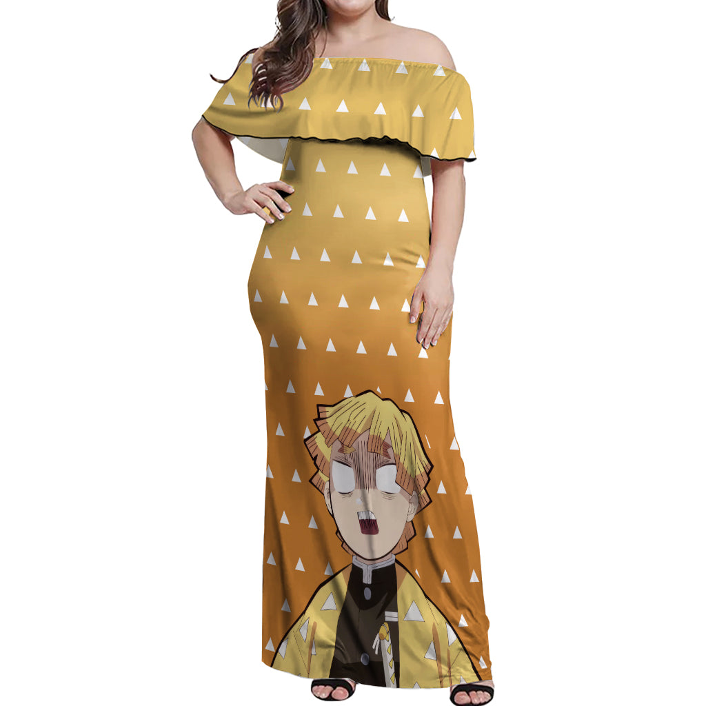 Kimetsu Zenitsu Off Shoulder Maxi Dress Demon Slayer Anime Funny Style