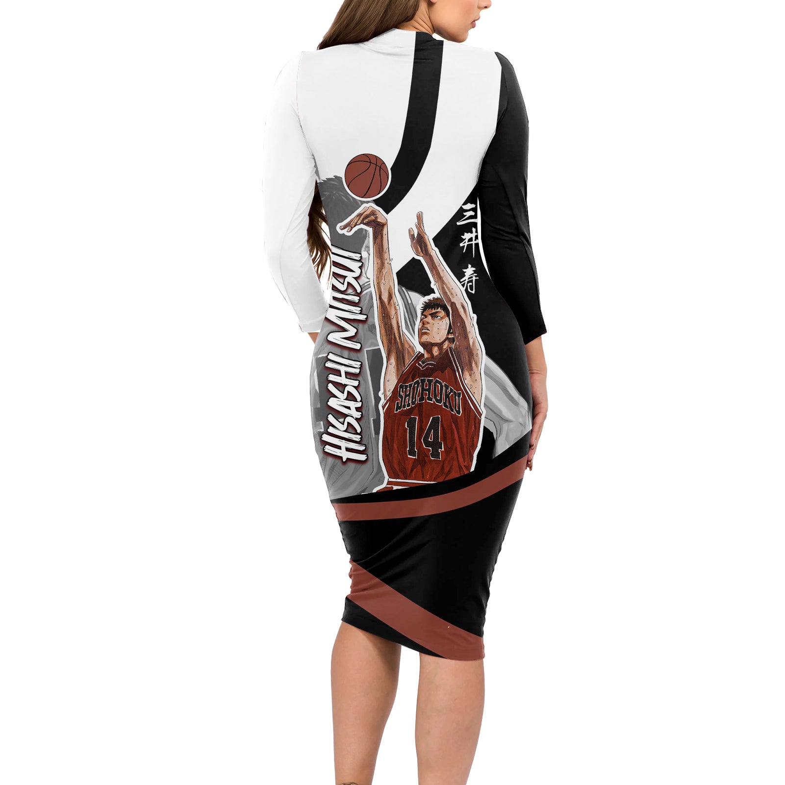Hisashi Mitsui Number 14 - Slam Dunk Long Sleeve Bodycon Dress Anime Mix Black And White Style
