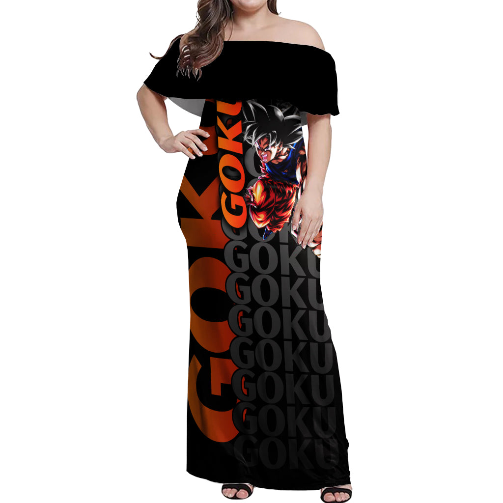 Goku Dragon Ball Off Shoulder Maxi Dress Anime Mix Text Pattern Abstract Style