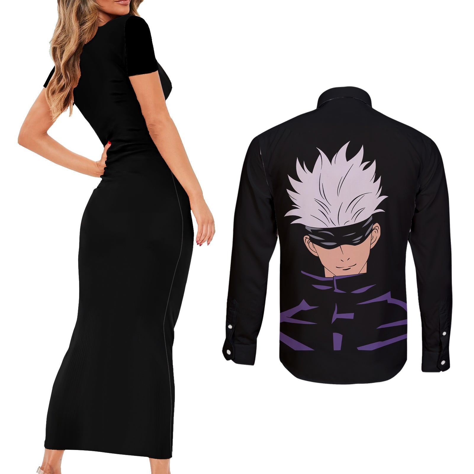 Gojo Satoru Jujutsu Kaisen Couples Matching Short Sleeve Bodycon Dress and Long Sleeve Button Shirt Anime Style