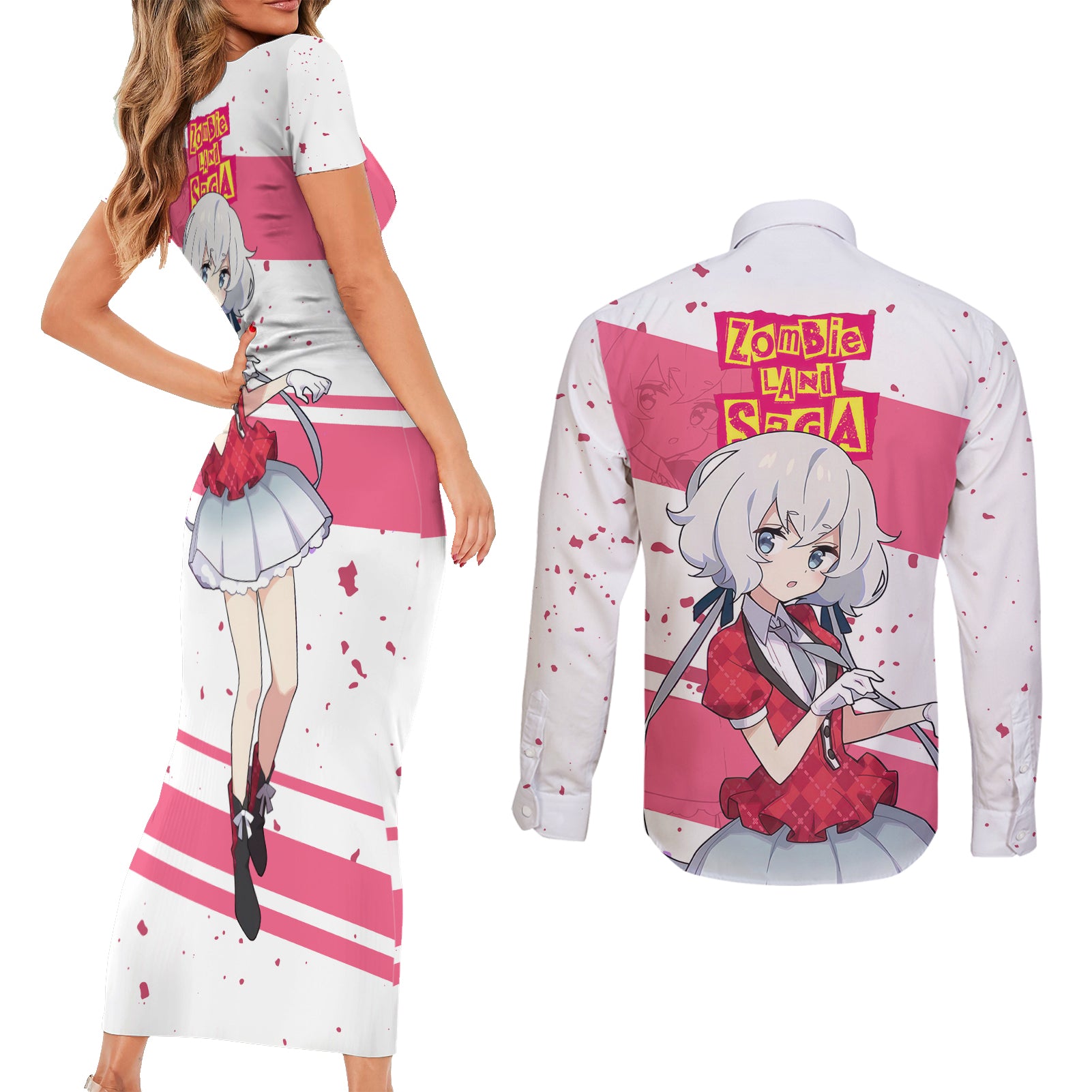 Zombie Land Saga Junko Konno Couples Matching Short Sleeve Bodycon Dress and Long Sleeve Button Shirt Anime Style