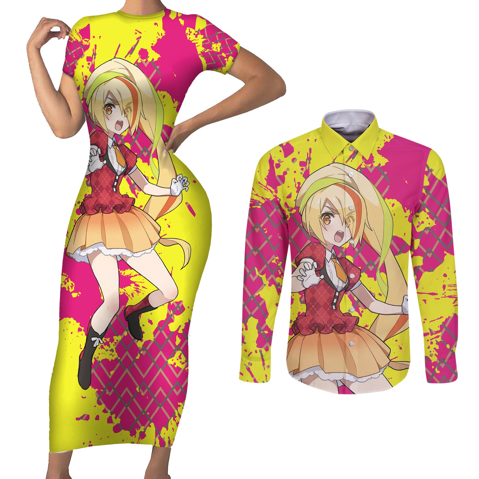 Zombie Land Saga Saki Nikaido Couples Matching Short Sleeve Bodycon Dress and Long Sleeve Button Shirt Anime Style