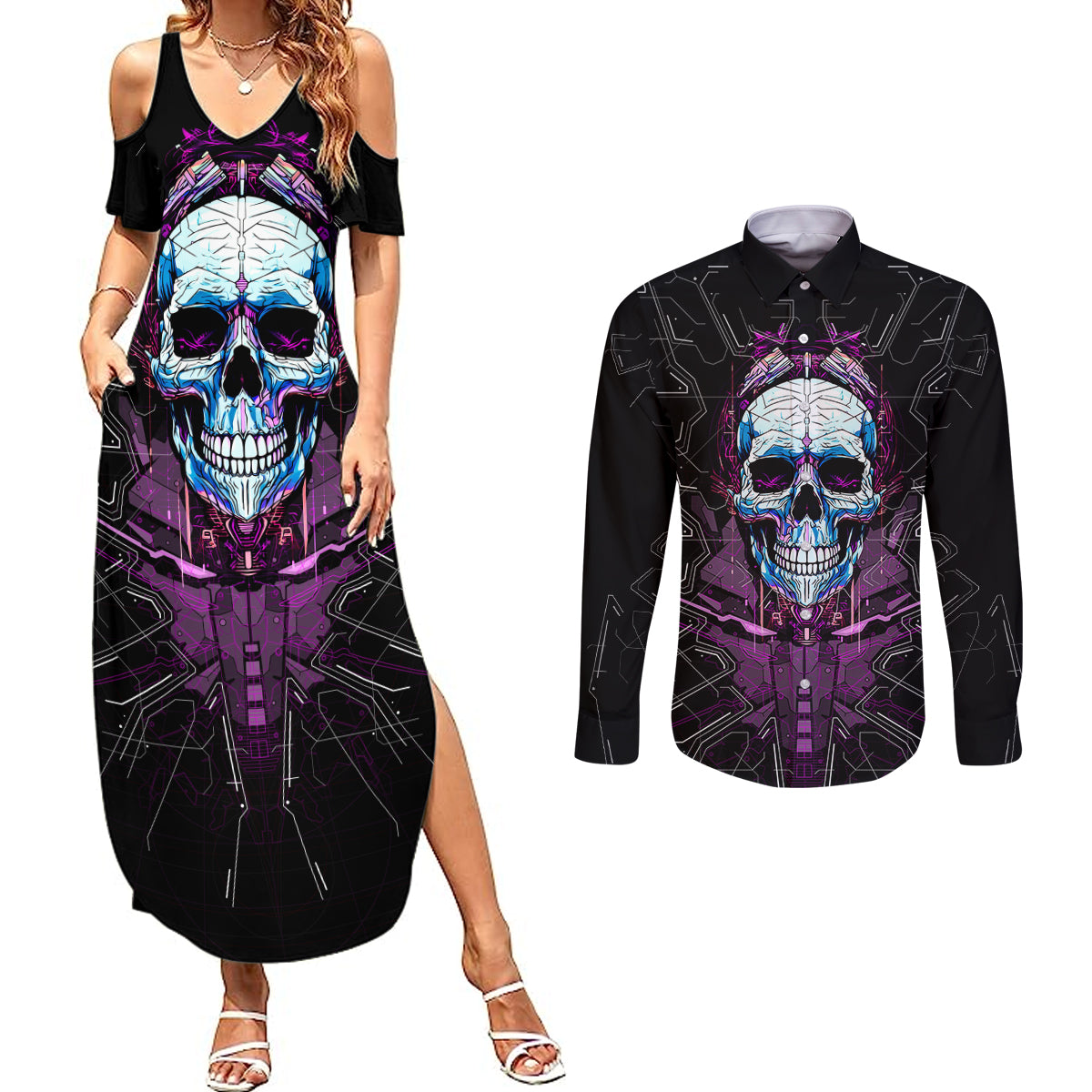 technology-skull-couples-matching-summer-maxi-dress-and-long-sleeve-button-shirts-im-blunt-because-god-rolled-me-that-way