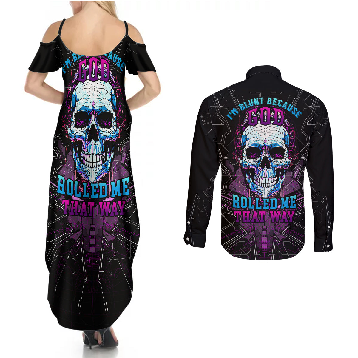 technology-skull-couples-matching-summer-maxi-dress-and-long-sleeve-button-shirts-im-blunt-because-god-rolled-me-that-way
