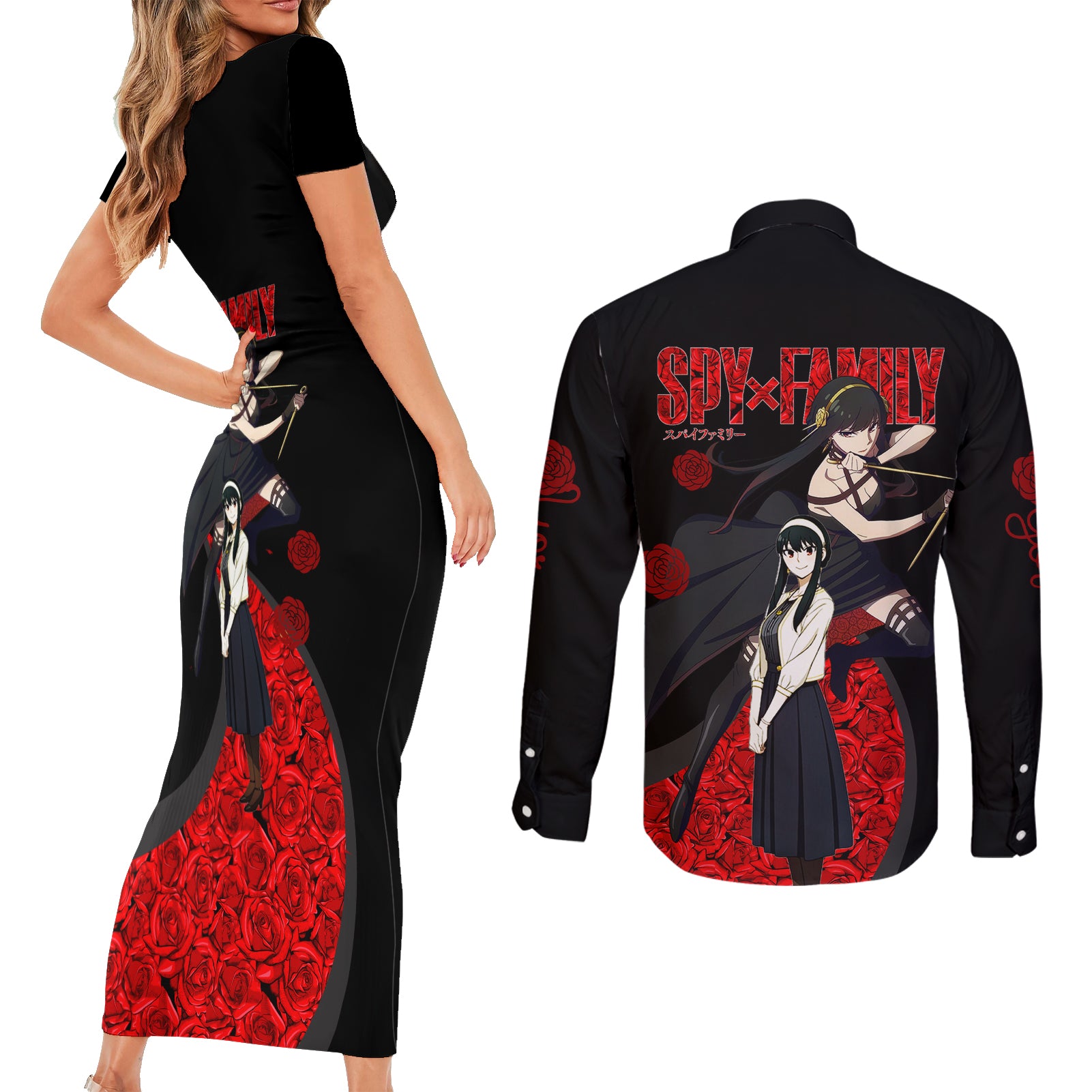 Yor Foger SpyxFamily Couples Matching Short Sleeve Bodycon Dress and Long Sleeve Button Shirt Black And Roses Anime Style