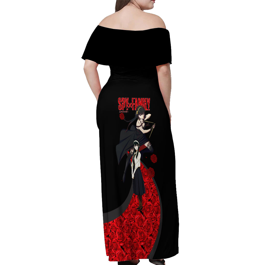 Yor Foger SpyxFamily Off Shoulder Maxi Dress Black And Roses Anime Style