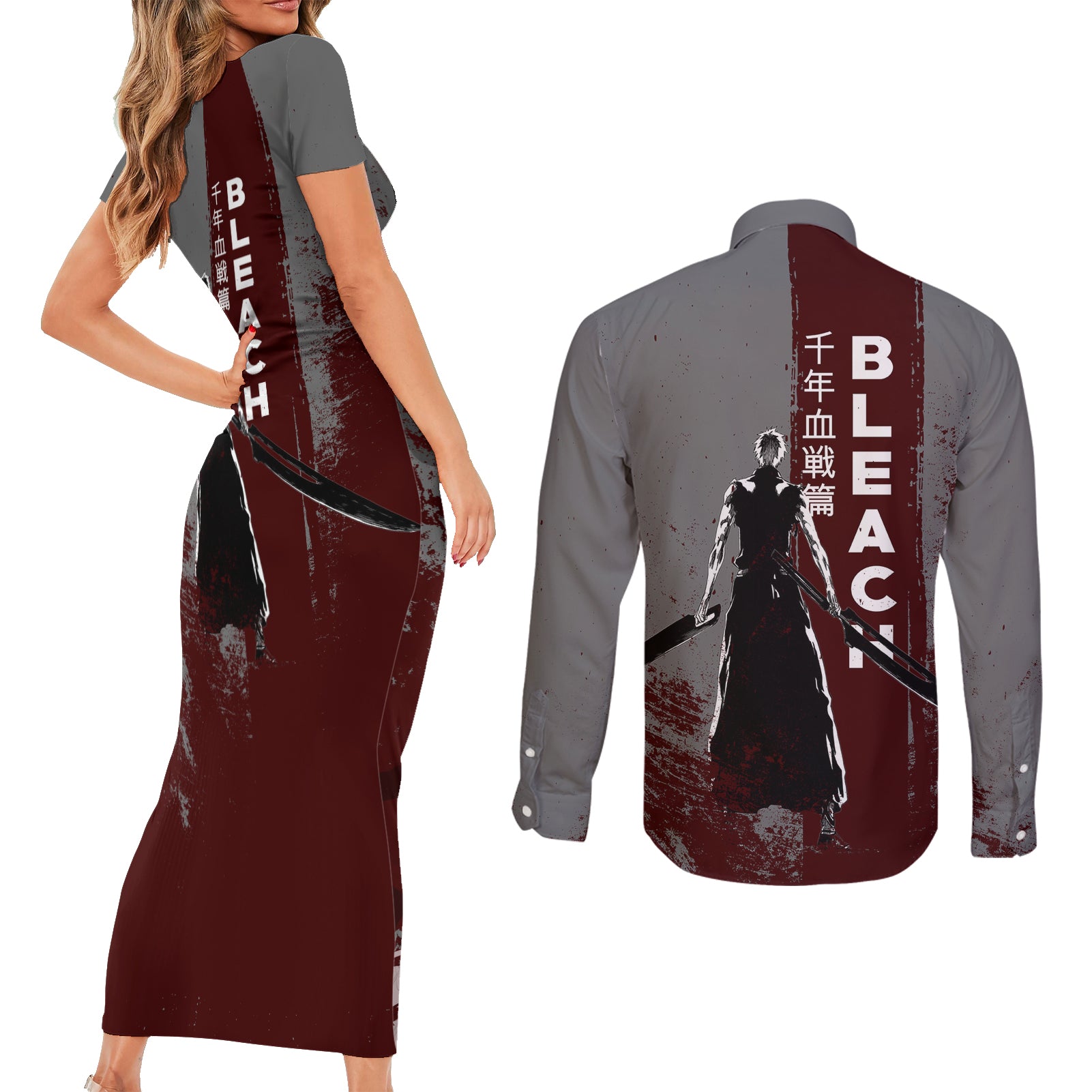 Ichigo Kurosaki - Bleach Couples Matching Short Sleeve Bodycon Dress and Long Sleeve Button Shirt Grunge Blood Style