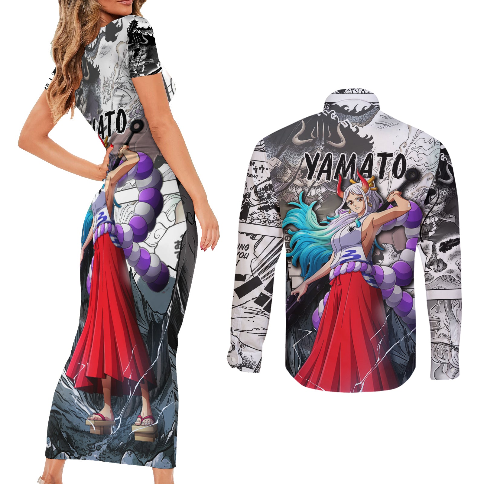 Yamato - One Piece Couples Matching Short Sleeve Bodycon Dress and Long Sleeve Button Shirt Anime Mix Manga Style