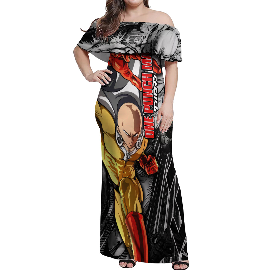 Saitama - One Punch Man Off Shoulder Maxi Dress Anime Mix Manga Style