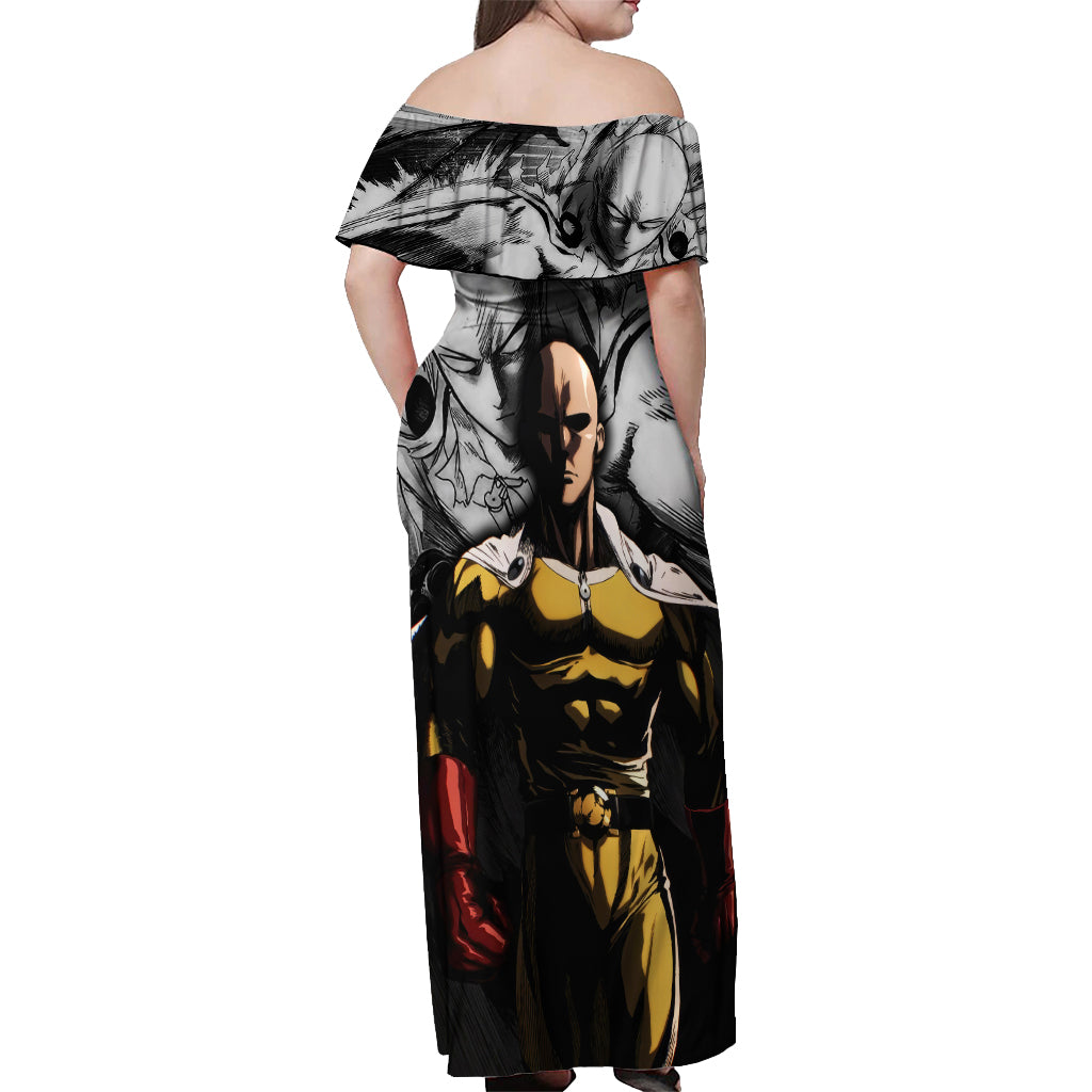 Saitama - One Punch Man Off Shoulder Maxi Dress Anime Mix Manga Style