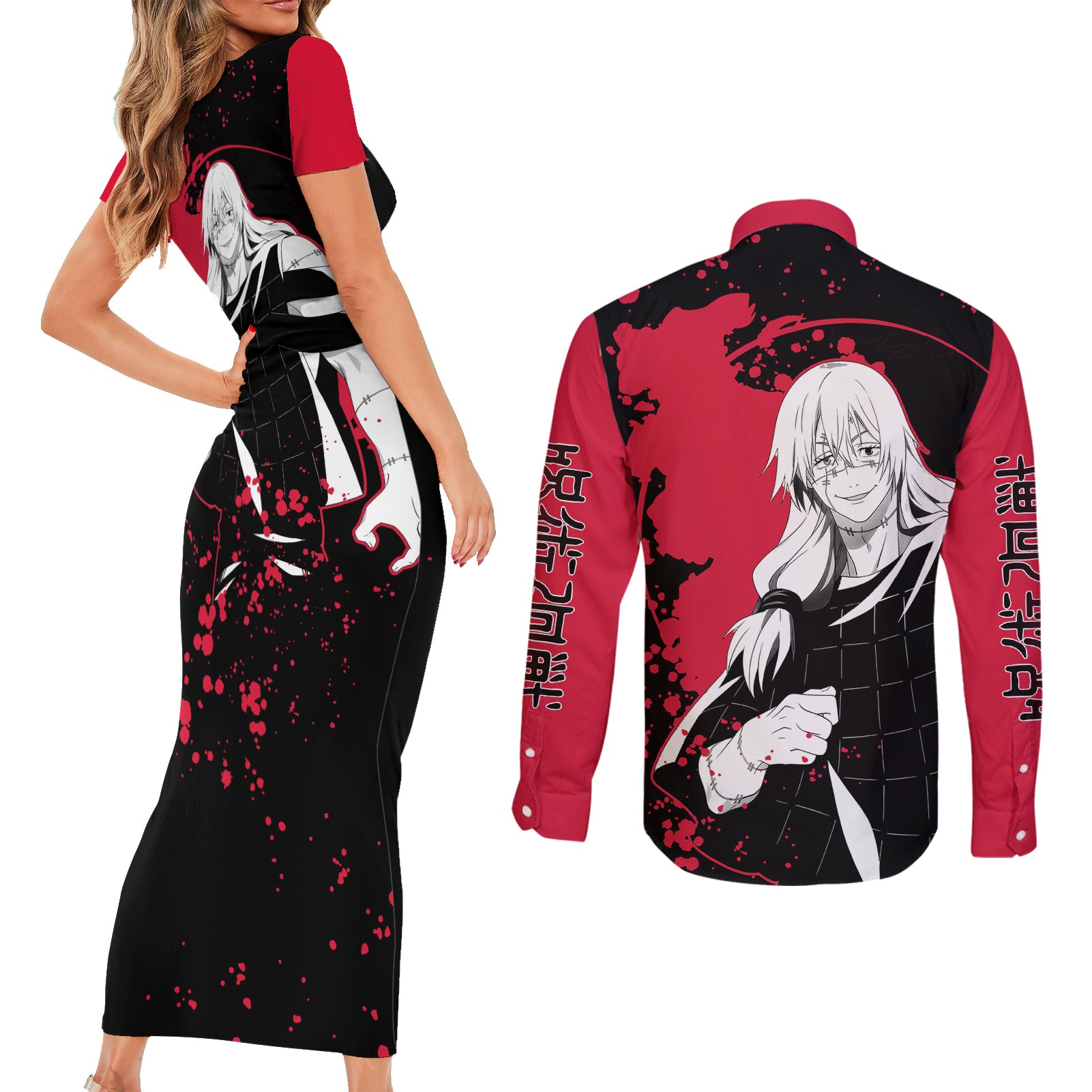 Mahito Jujutsu Kaisen Couples Matching Short Sleeve Bodycon Dress and Long Sleeve Button Shirt Manga Style Art