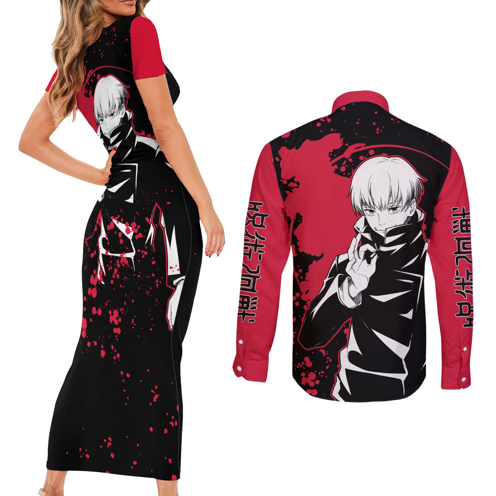 Toge Inumaki Jujutsu Kaisen Couples Matching Short Sleeve Bodycon Dress and Long Sleeve Button Shirt Manga Style Art