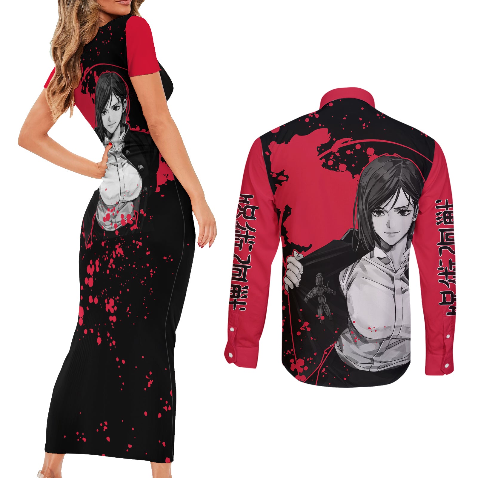 Nobara Kugisaki Jujutsu Kaisen Couples Matching Short Sleeve Bodycon Dress and Long Sleeve Button Shirt Manga Style Art