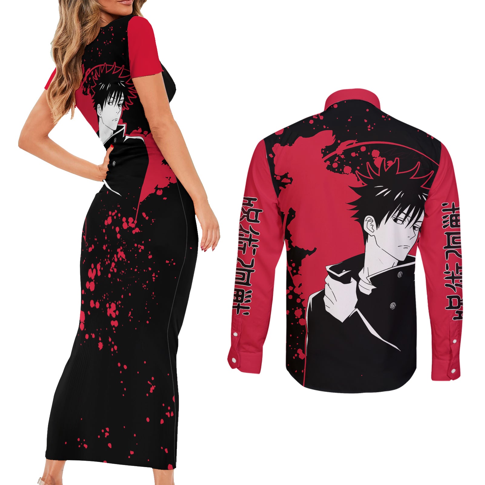 Megumi Fushiguro Jujutsu Kaisen Couples Matching Short Sleeve Bodycon Dress and Long Sleeve Button Shirt Manga Style Art