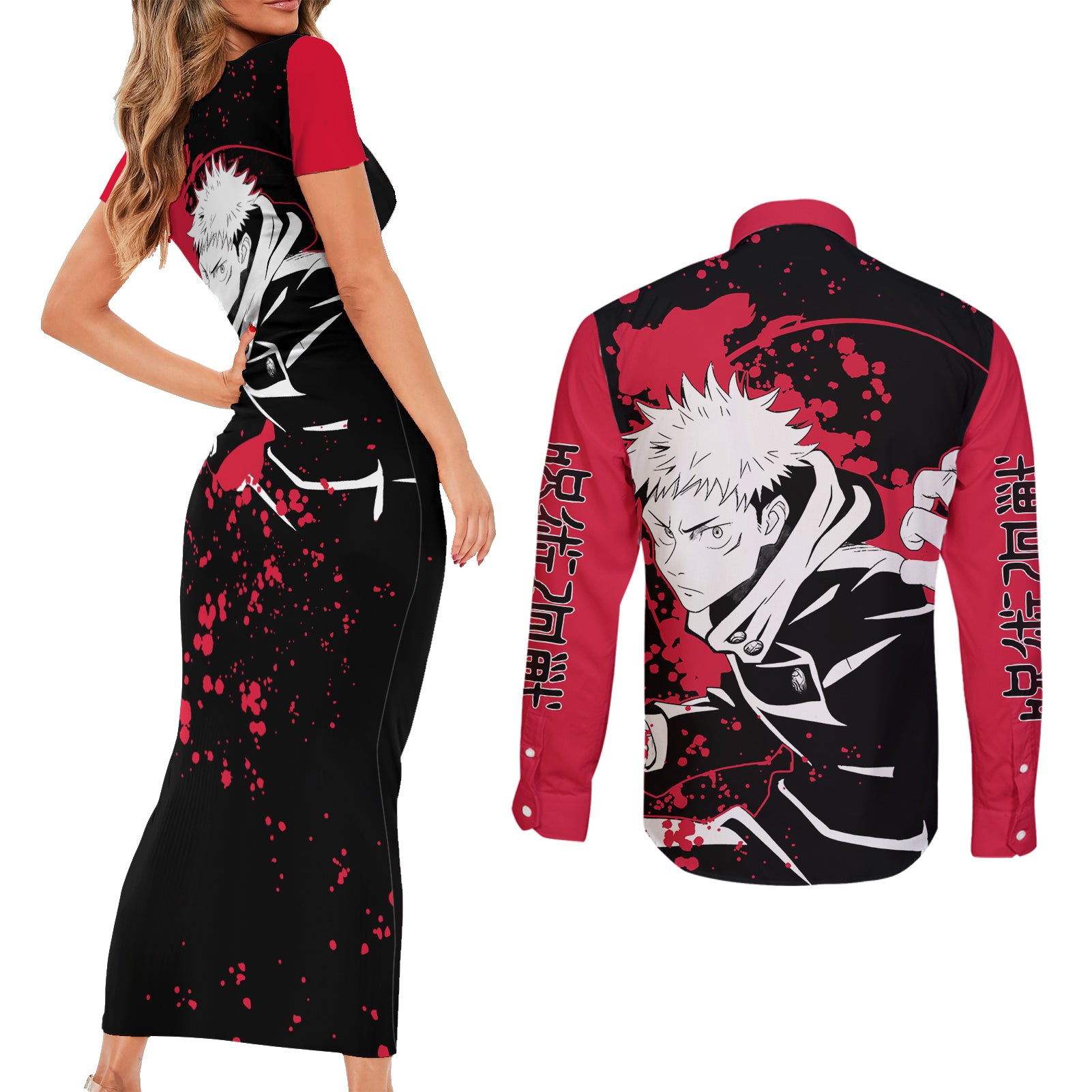 Yuji Itadori Jujutsu Kaisen Couples Matching Short Sleeve Bodycon Dress and Long Sleeve Button Shirt Manga Style Art
