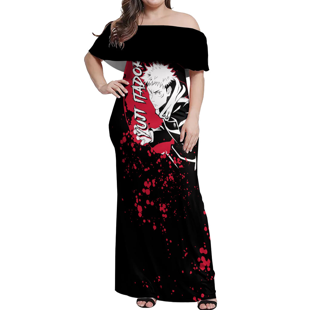 Yuji Itadori Jujutsu Kaisen Off Shoulder Maxi Dress Manga Style Art