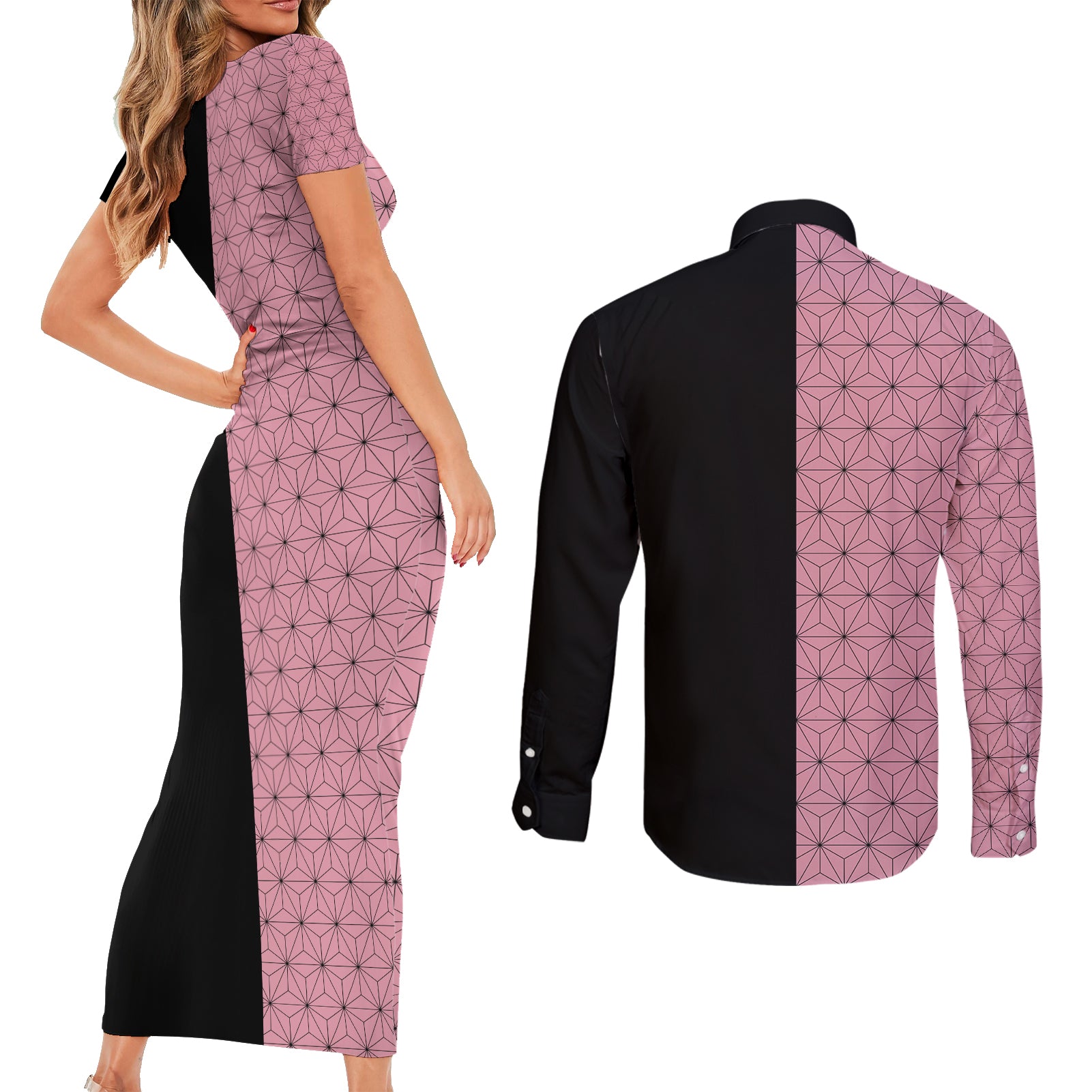 Nezuko Kamado Demon Slayer Couples Matching Short Sleeve Bodycon Dress and Long Sleeve Button Shirt Anime Style