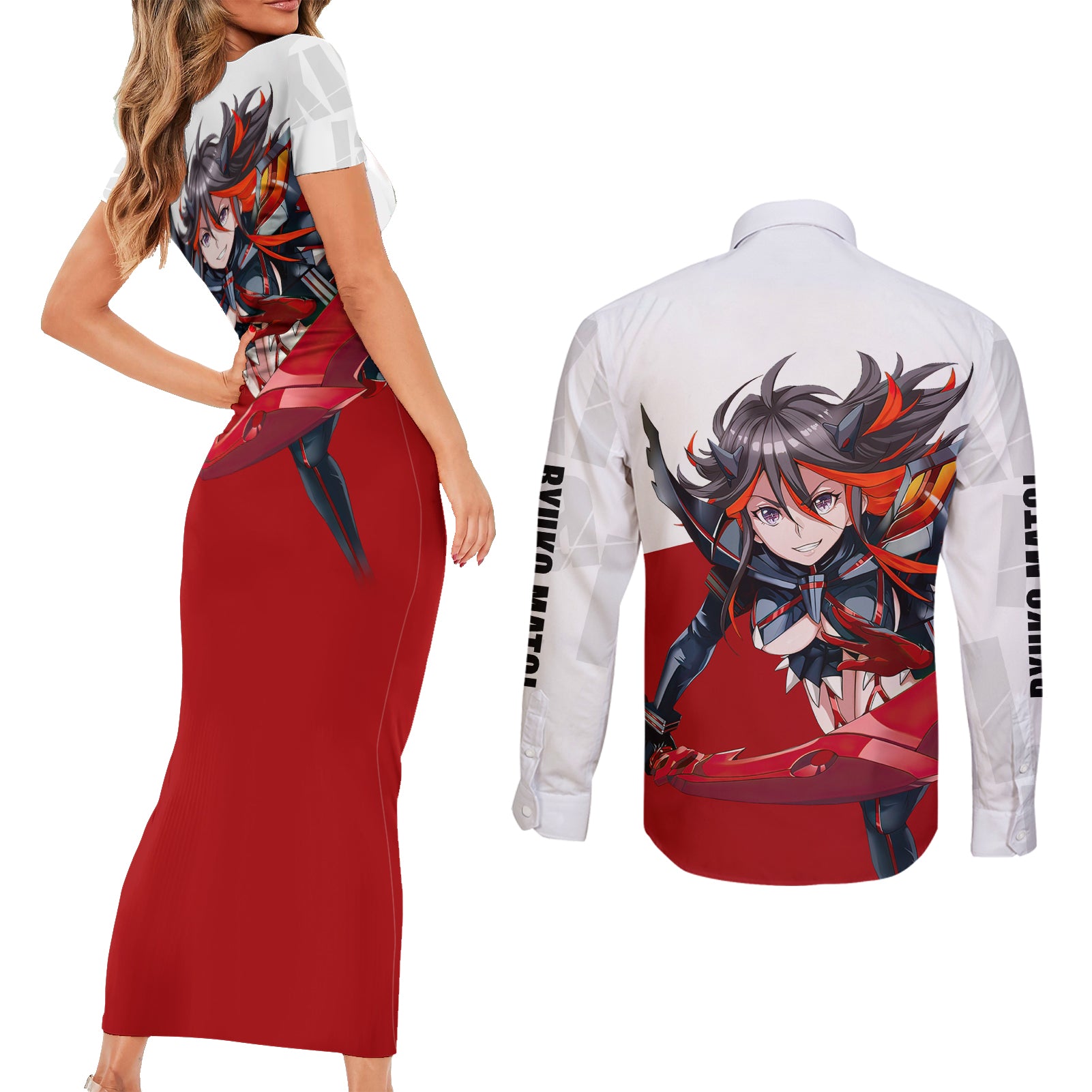 Ryuko Matoi Kill La Kill Couples Matching Short Sleeve Bodycon Dress and Long Sleeve Button Shirt Anime Style