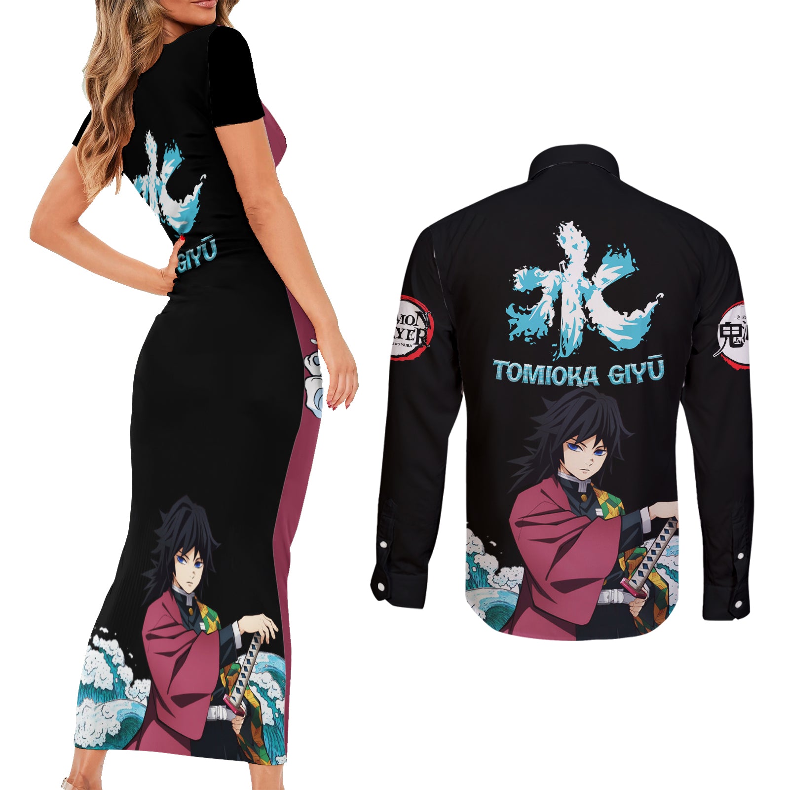 Tomioka Giyū - Demon Slayer Couples Matching Short Sleeve Bodycon Dress and Long Sleeve Button Shirt Anime Style