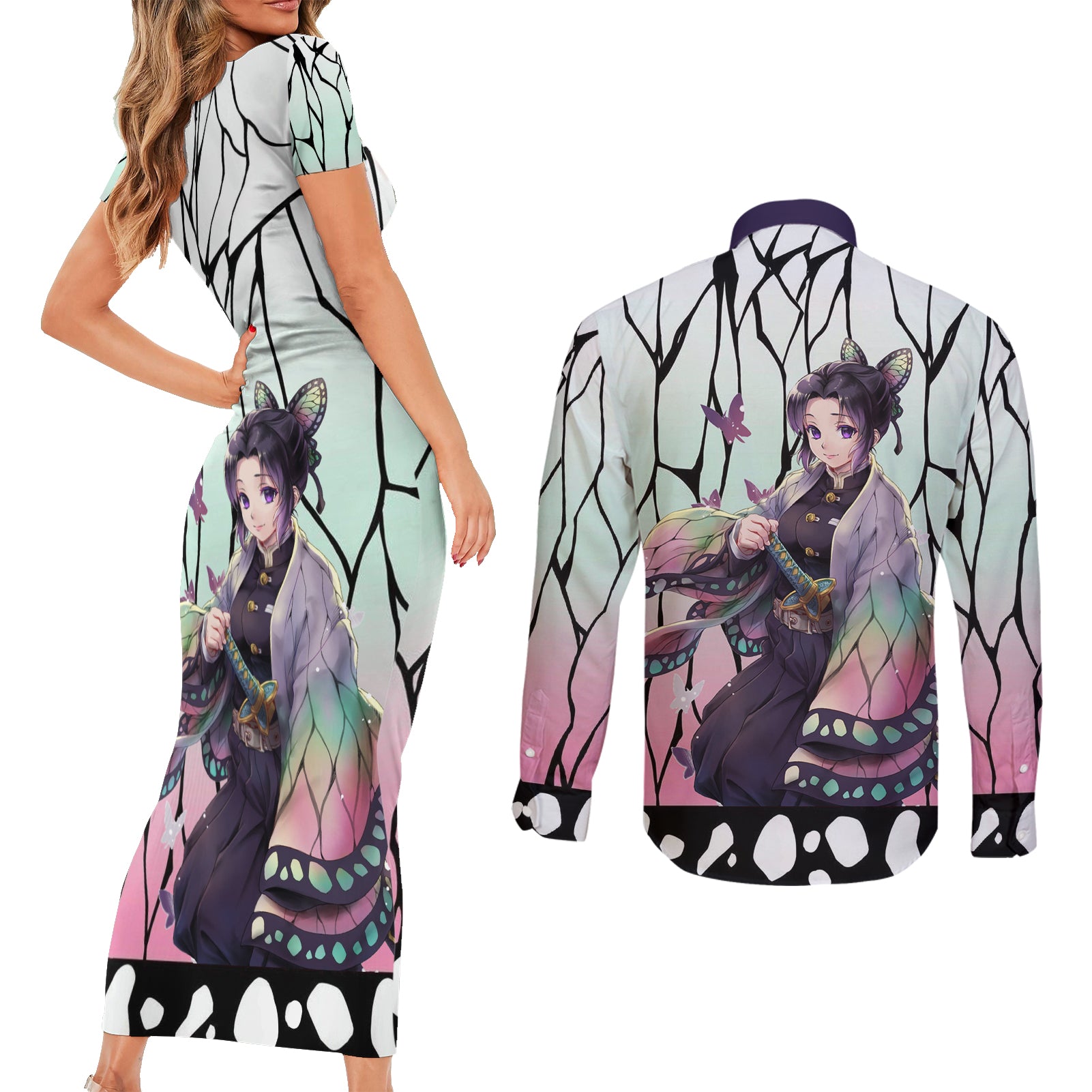 Shinobu Kocho - Demon Slayer Couples Matching Short Sleeve Bodycon Dress and Long Sleeve Button Shirt Anime Style Art