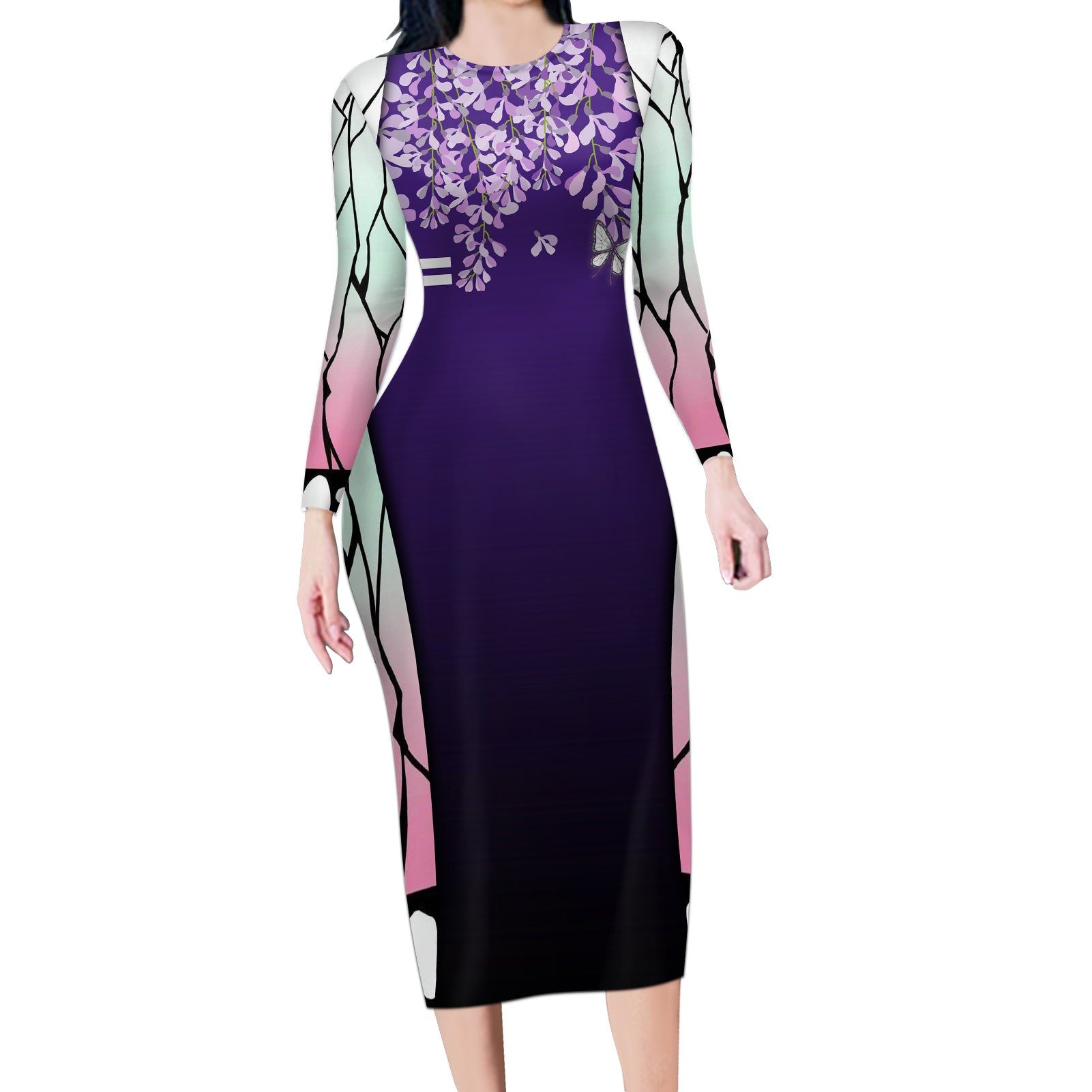 Shinobu Kocho - Demon Slayer Long Sleeve Bodycon Dress Anime Style Art