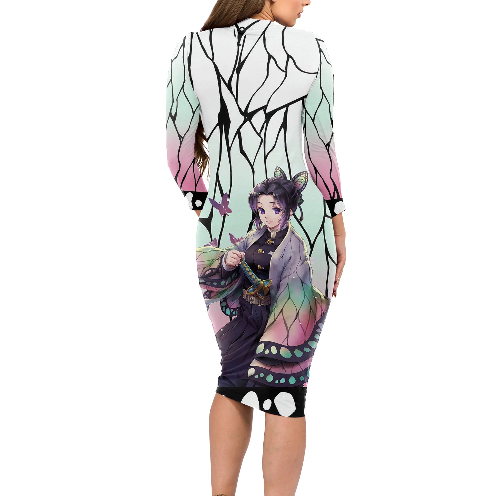 Shinobu Kocho - Demon Slayer Long Sleeve Bodycon Dress Anime Style Art