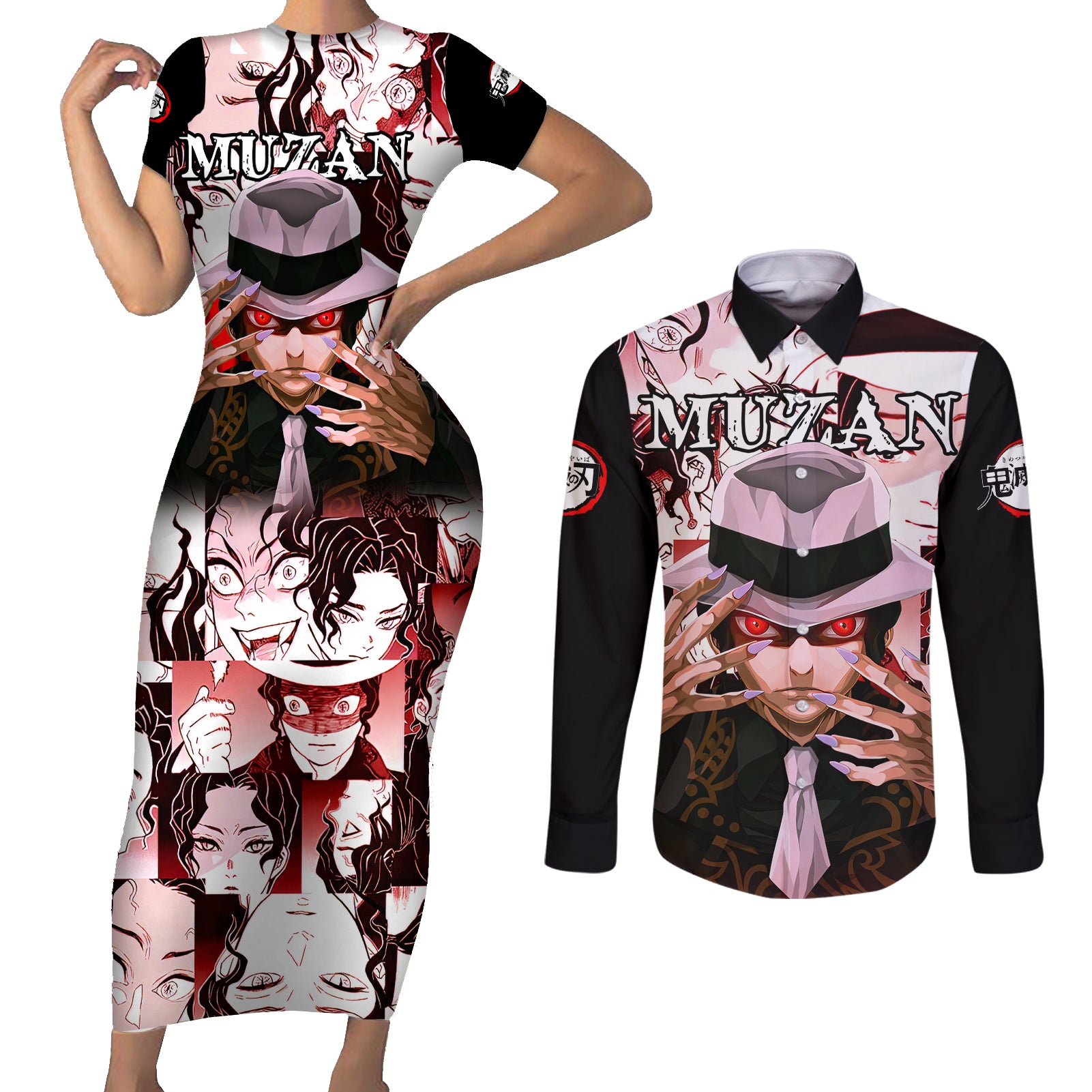 Muzan Kibutsuji Demon Slayer Couples Matching Short Sleeve Bodycon Dress and Long Sleeve Button Shirt Anime Mix Manga Style